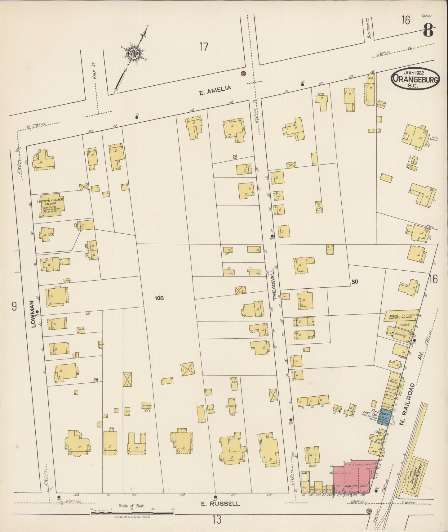 Sanborn Fire Insurance Map from Orangeburg, Orangeburg County, South Carolina (1922), Sheet #0008 - Historic Sanborn Fire Insurance Map Print, vintage old map wall art, antique decor, genealogy gift, South Carolina South Carolina map