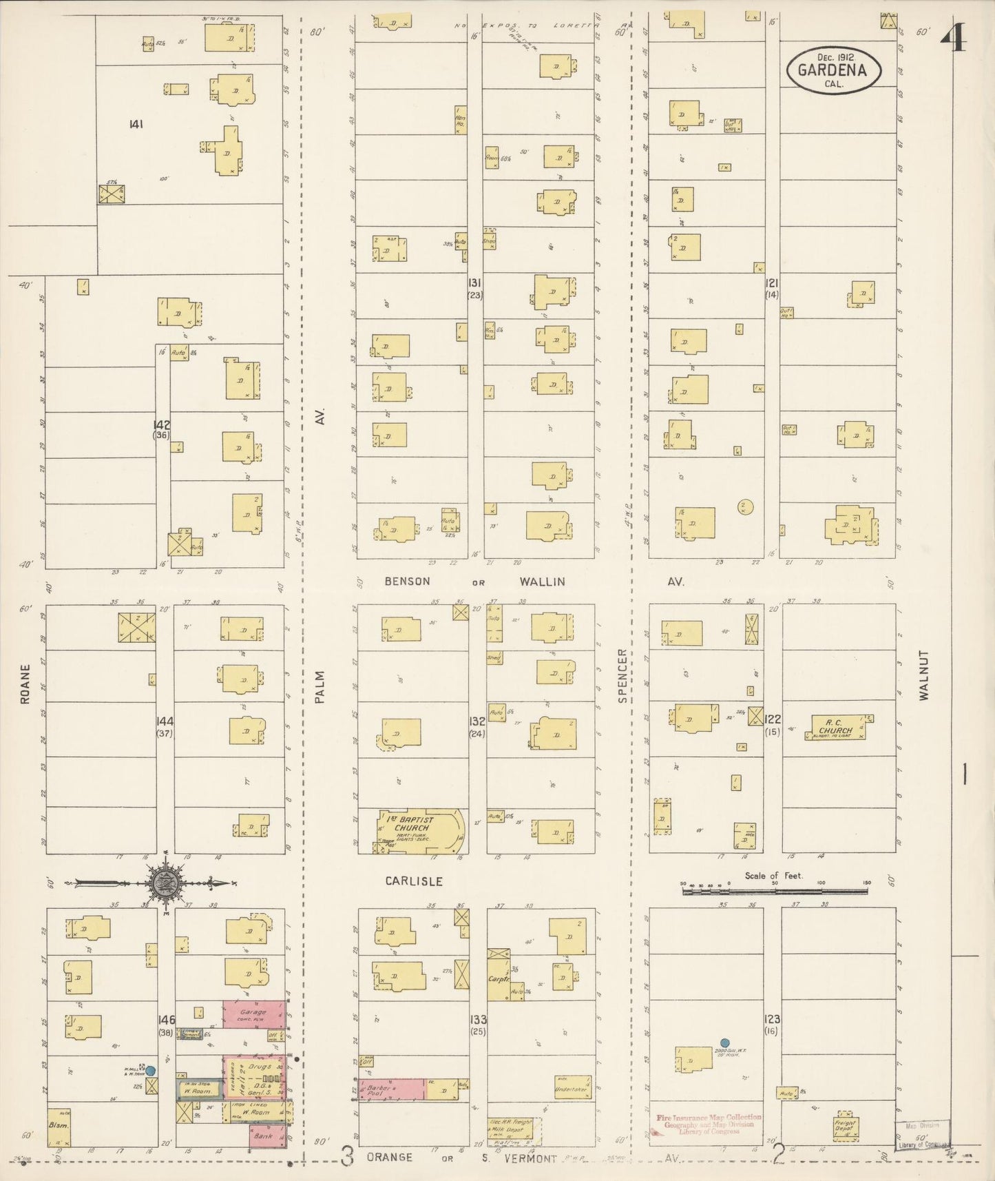 Sanborn Fire Insurance Map from Gardena, Los Angeles County, California (1912), Sheet #0004 - Historic Sanborn Fire Insurance Map Print, vintage old map wall art, antique decor, genealogy gift, California California map