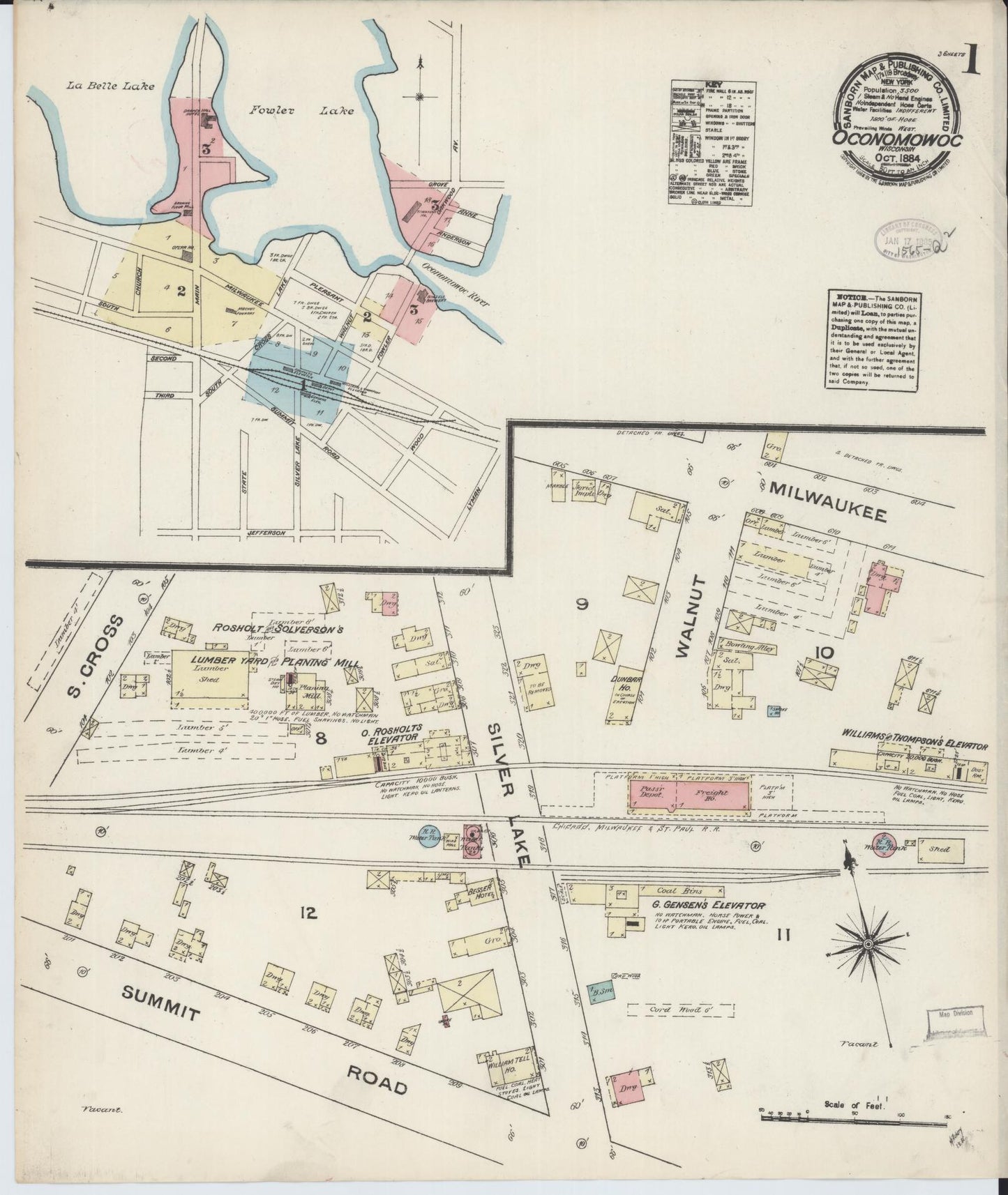 Sanborn Fire Insurance Map from Oconomowoc, Waukesha County, Wisconsin (1884), Sheet #0001 - Historic Sanborn Fire Insurance Map Print, vintage old map wall art, antique decor, genealogy gift, Wisconsin Wisconsin map