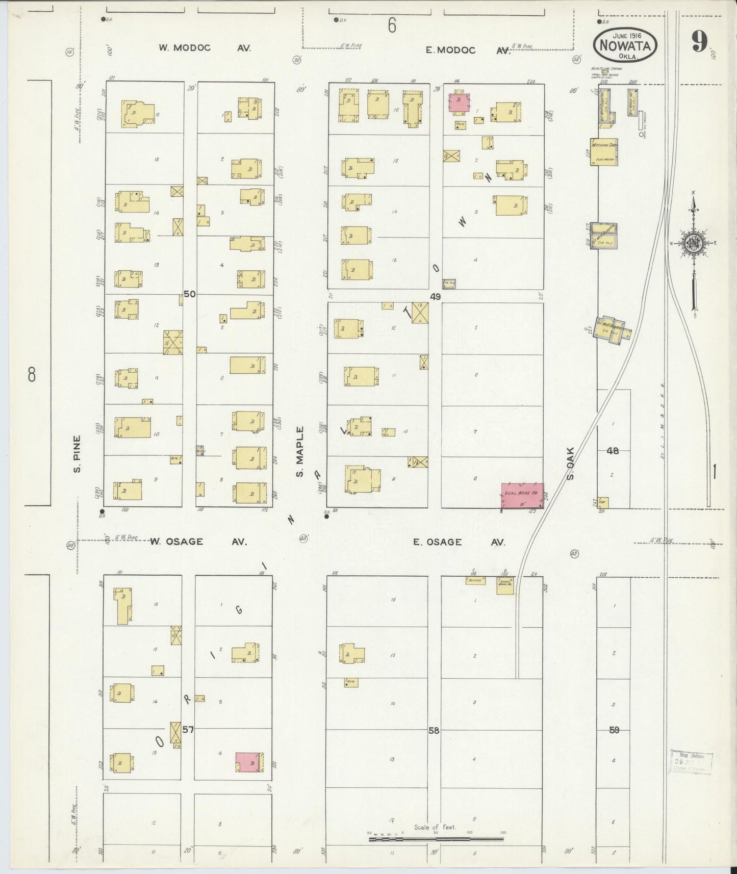 Sanborn Fire Insurance Map from Nowata, Nowata County, Oklahoma (1916), Sheet #0009 - Historic Sanborn Fire Insurance Map Print, vintage old map wall art, antique decor, genealogy gift, Oklahoma Oklahoma map