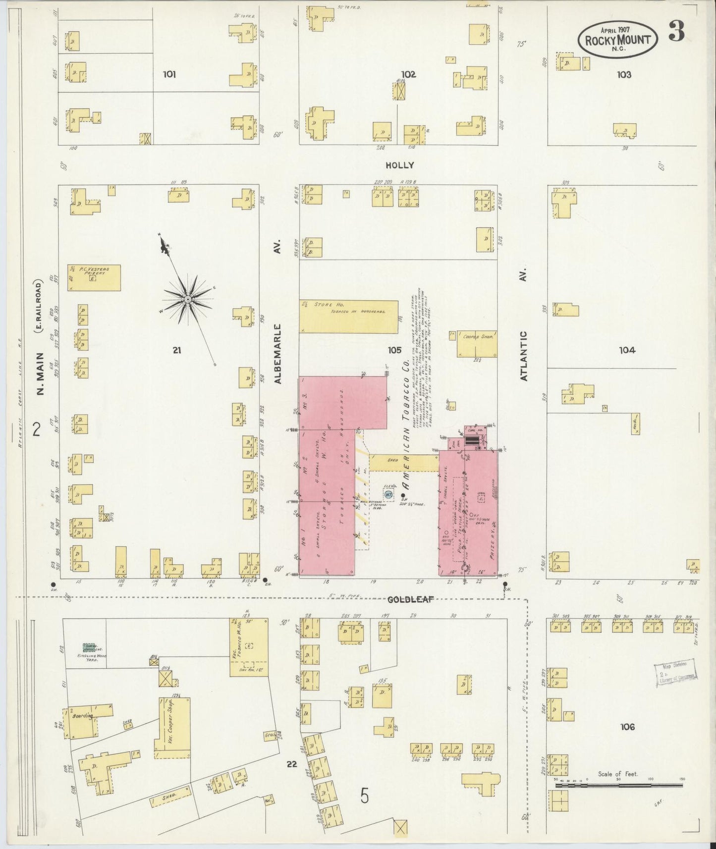 Sanborn Fire Insurance Map from Rocky Mount, Edgecombe And Nash Counties, North Carolina (1907), Sheet #0003 - Historic Sanborn Fire Insurance Map Print, vintage old map wall art, antique decor, genealogy gift, North Carolina North Carolina map