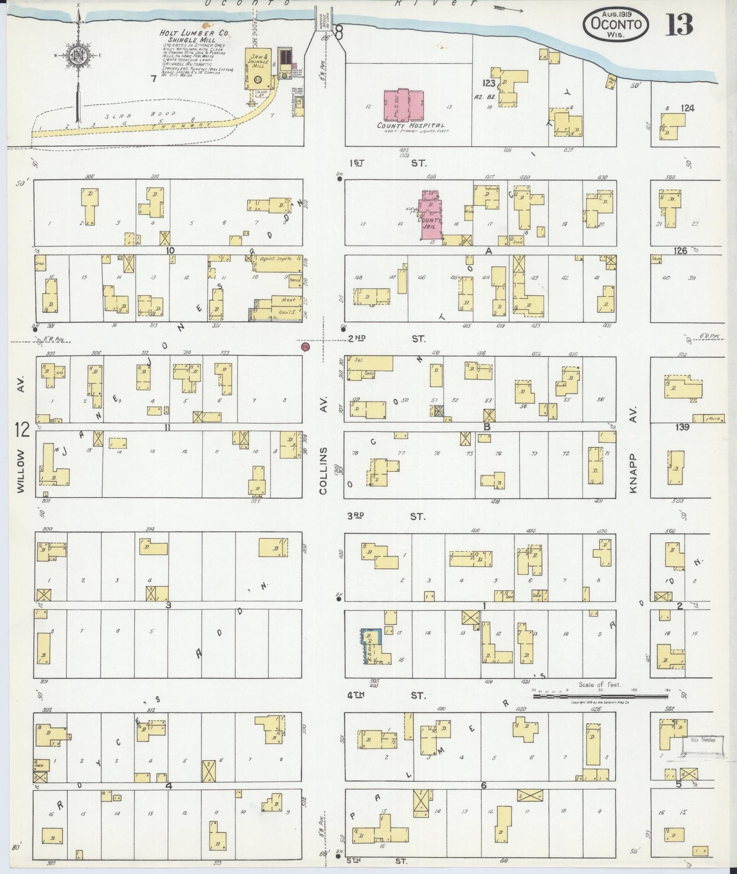 Sanborn Fire Insurance Map from Oconto, Oconto County, Wisconsin (1919), Sheet #0013 - Historic Sanborn Fire Insurance Map Print, vintage old map wall art, antique decor, genealogy gift, Wisconsin Wisconsin map