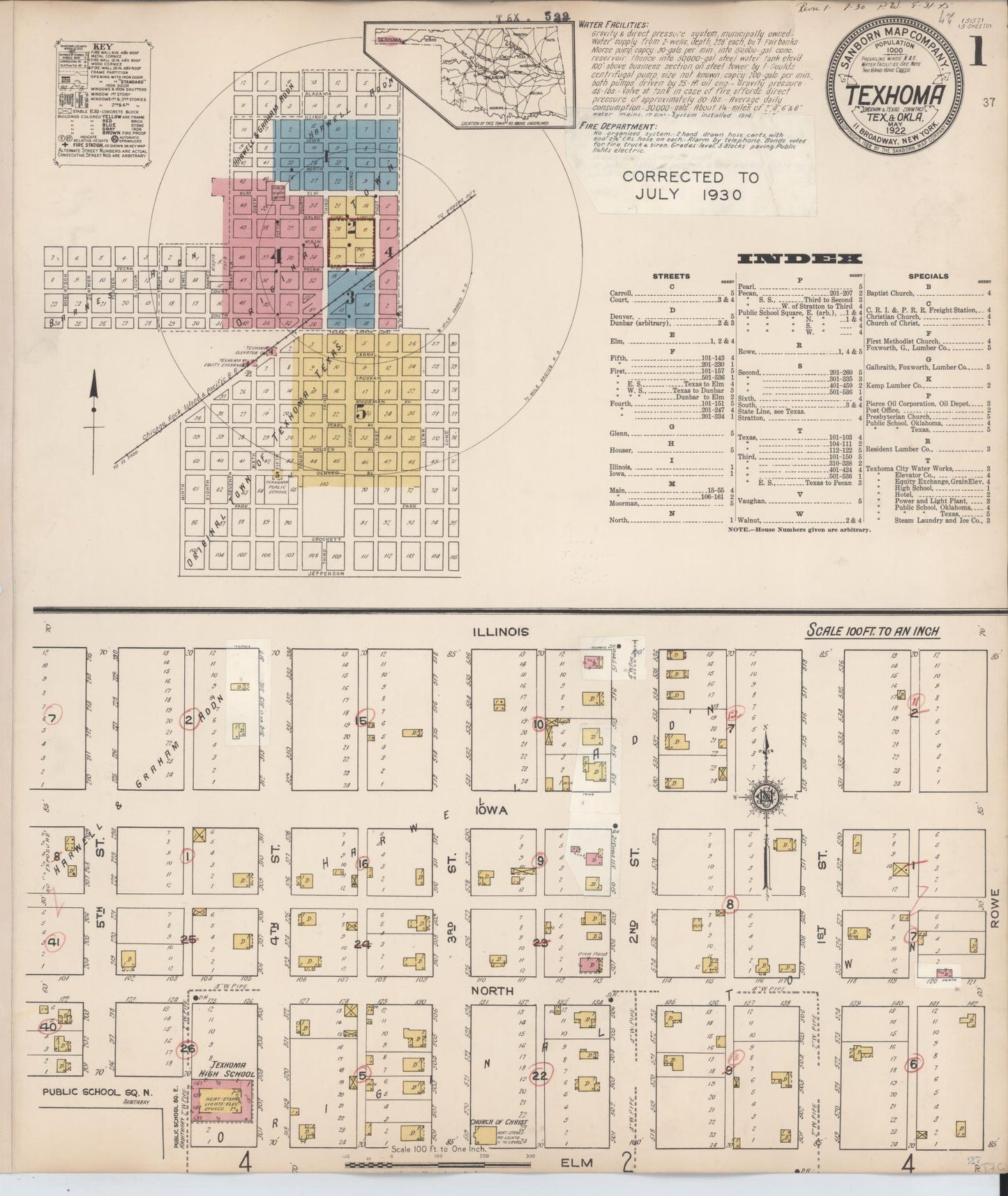 Sanborn Fire Insurance Map from Texhoma, Texas County, Oklahoma and Sherman County, Texas, Texas (1930), Sheet #0001 - Historic Sanborn Fire Insurance Map Print, vintage old map wall art, antique decor, genealogy gift, Oklahoma Oklahoma map