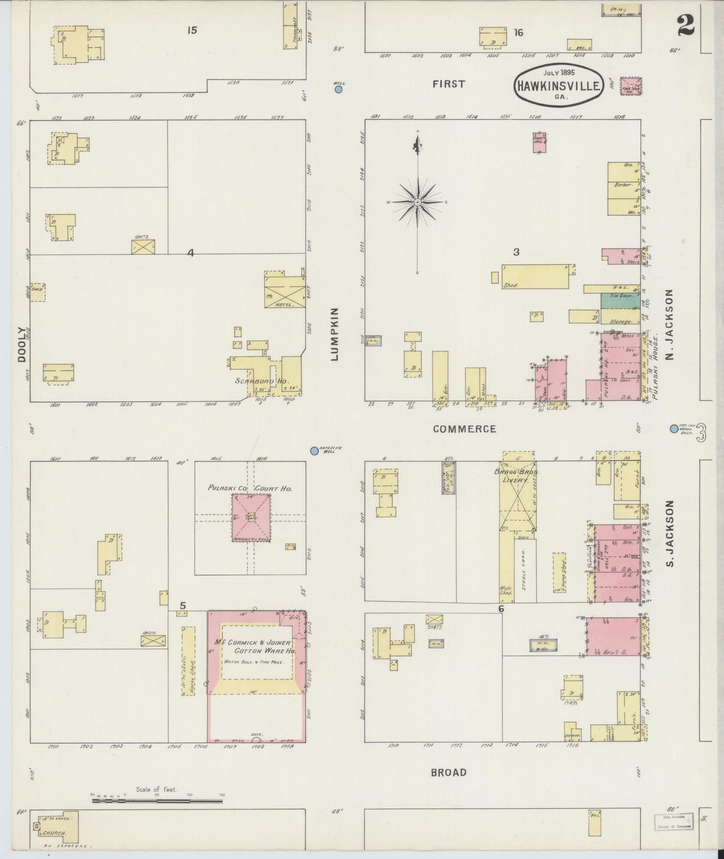 Sanborn Fire Insurance Map from Hawkinsville, Pulaski County, Georgia (1895), Sheet #0002 - Historic Sanborn Fire Insurance Map Print, vintage old map wall art, antique decor, genealogy gift, Georgia Georgia map