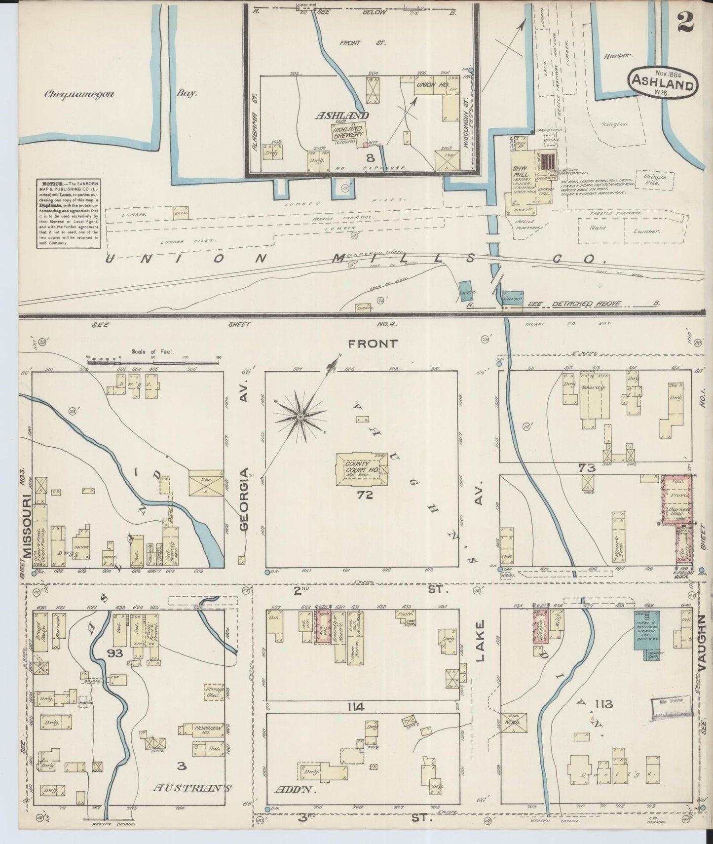 Sanborn Fire Insurance Map from Ashland, Ashland County, Wisconsin (1884), Sheet #0002 - Historic Sanborn Fire Insurance Map Print, vintage old map wall art, antique decor, genealogy gift, Wisconsin Wisconsin map