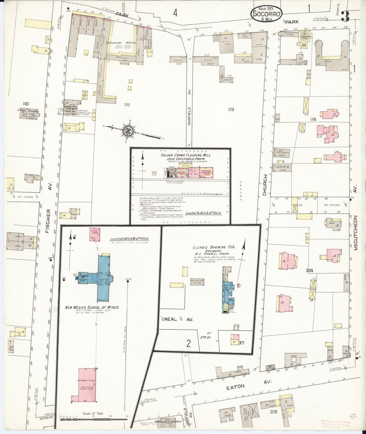 Sanborn Fire Insurance Map from Socorro, Socorro County, New Mexico (1913), Sheet #0003 - Historic Sanborn Fire Insurance Map Print, vintage old map wall art, antique decor, genealogy gift, New Mexico New Mexico map