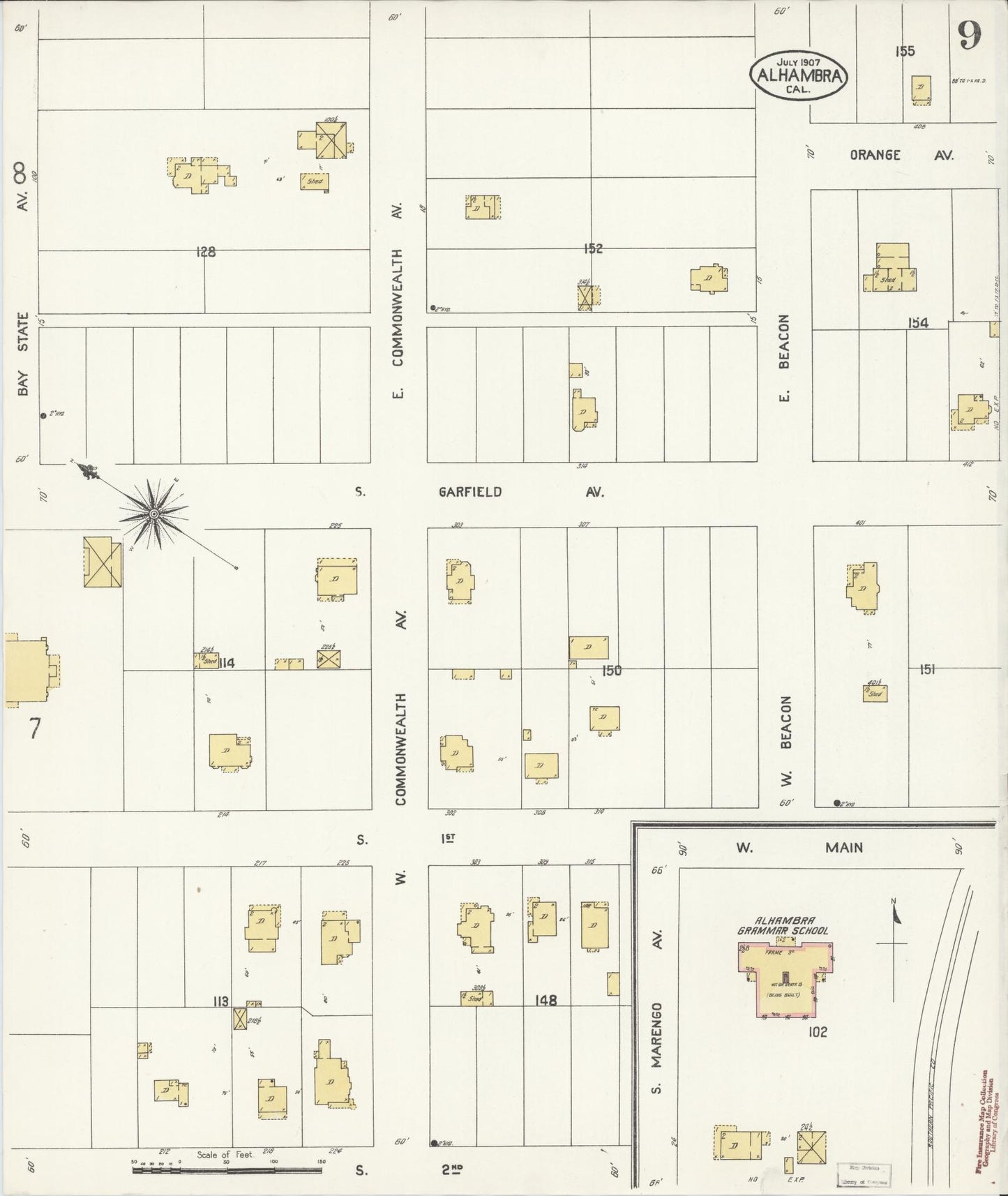 Sanborn Fire Insurance Map from Alhambra, Los Angeles County, California (1907), Sheet #0009 - Historic Sanborn Fire Insurance Map Print, vintage old map wall art, antique decor, genealogy gift, California California map