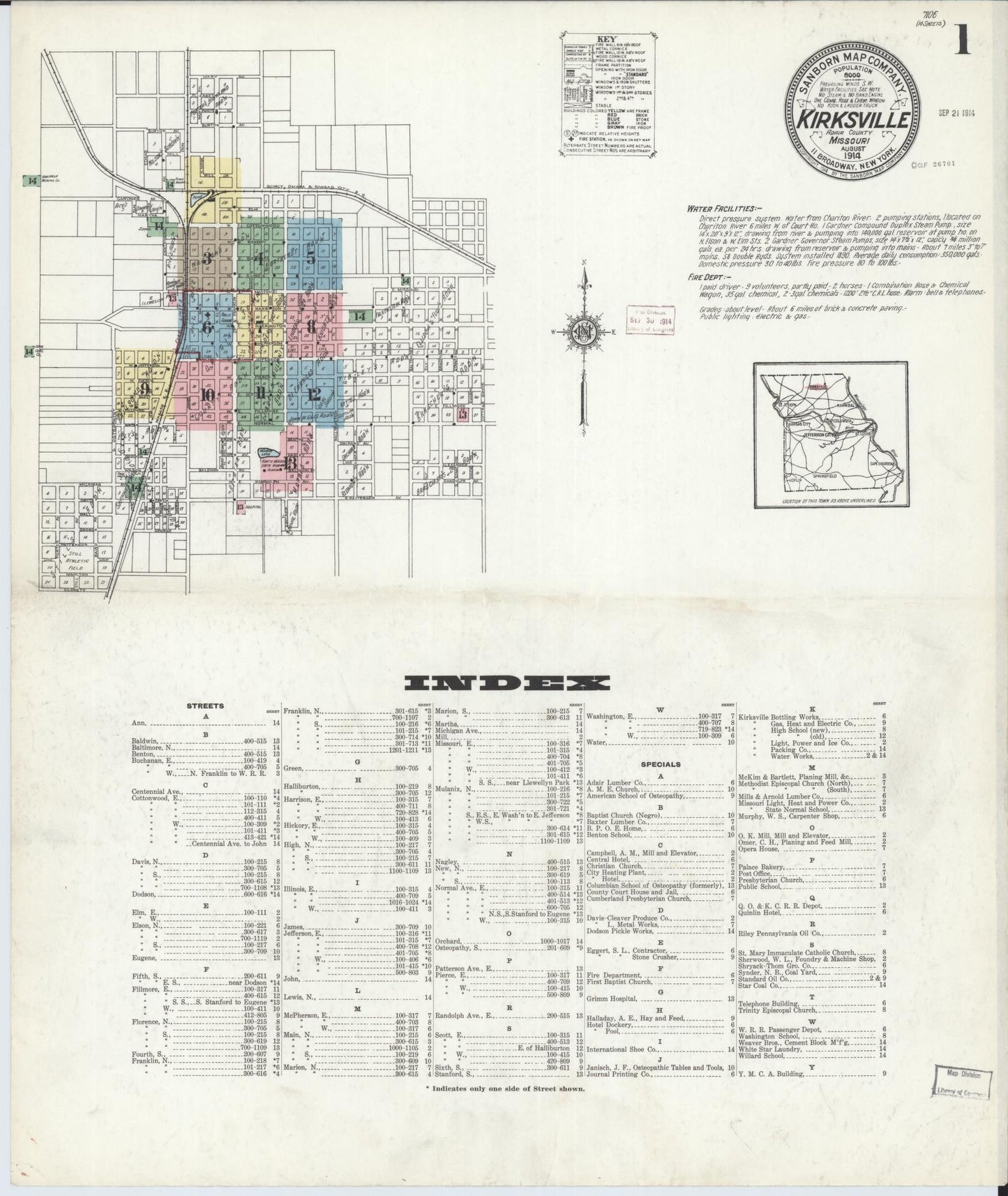 Sanborn Fire Insurance Map from Kirksville, Adair County, Missouri (1914), Sheet #0001 - Historic Sanborn Fire Insurance Map Print, vintage old map wall art, antique decor, genealogy gift, Missouri Missouri map