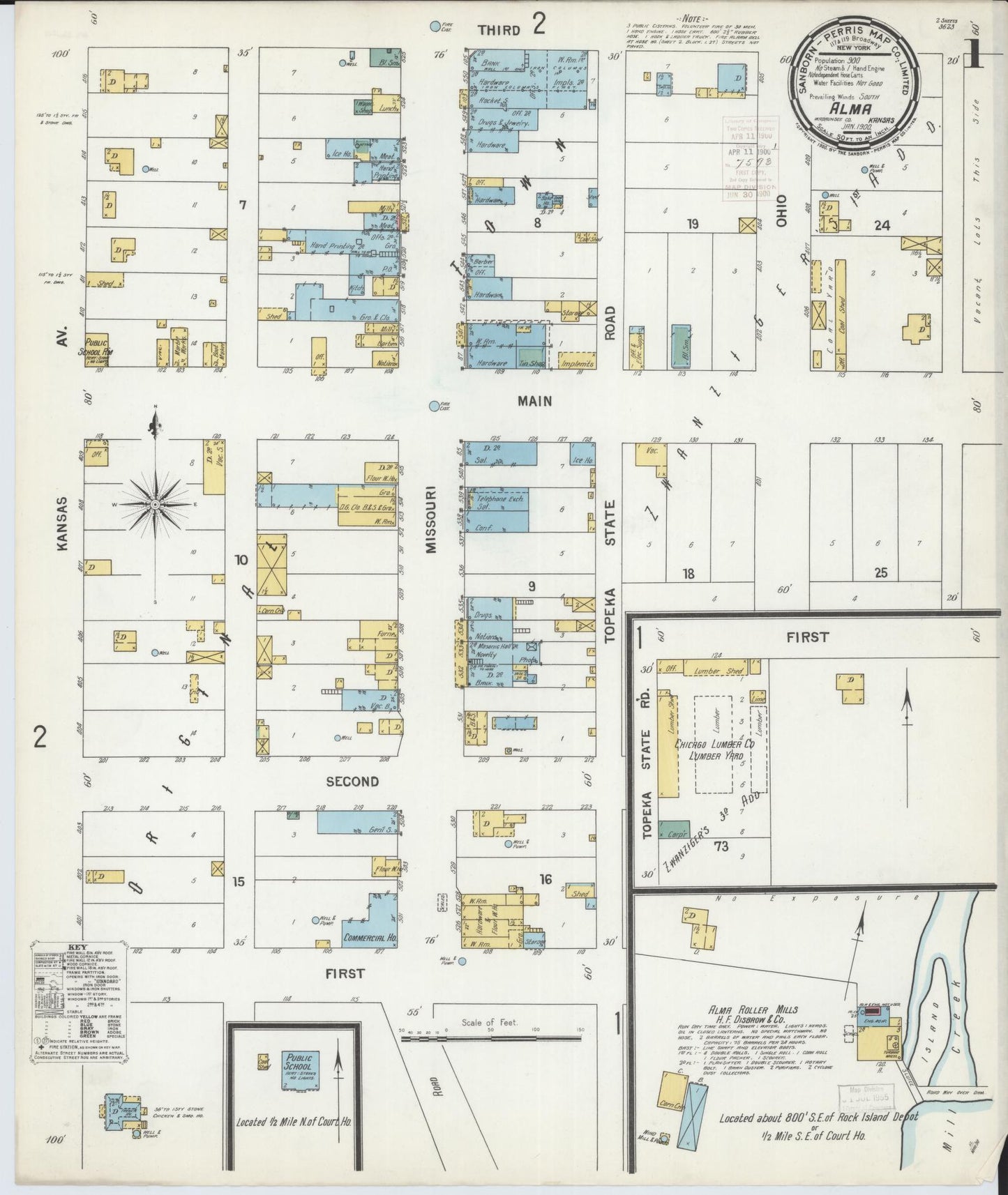 Sanborn Fire Insurance Map from Alma, Wabaunsee County, Kansas (1900), Sheet #0001 - Historic Sanborn Fire Insurance Map Print, vintage old map wall art, antique decor, genealogy gift, Kansas Kansas map