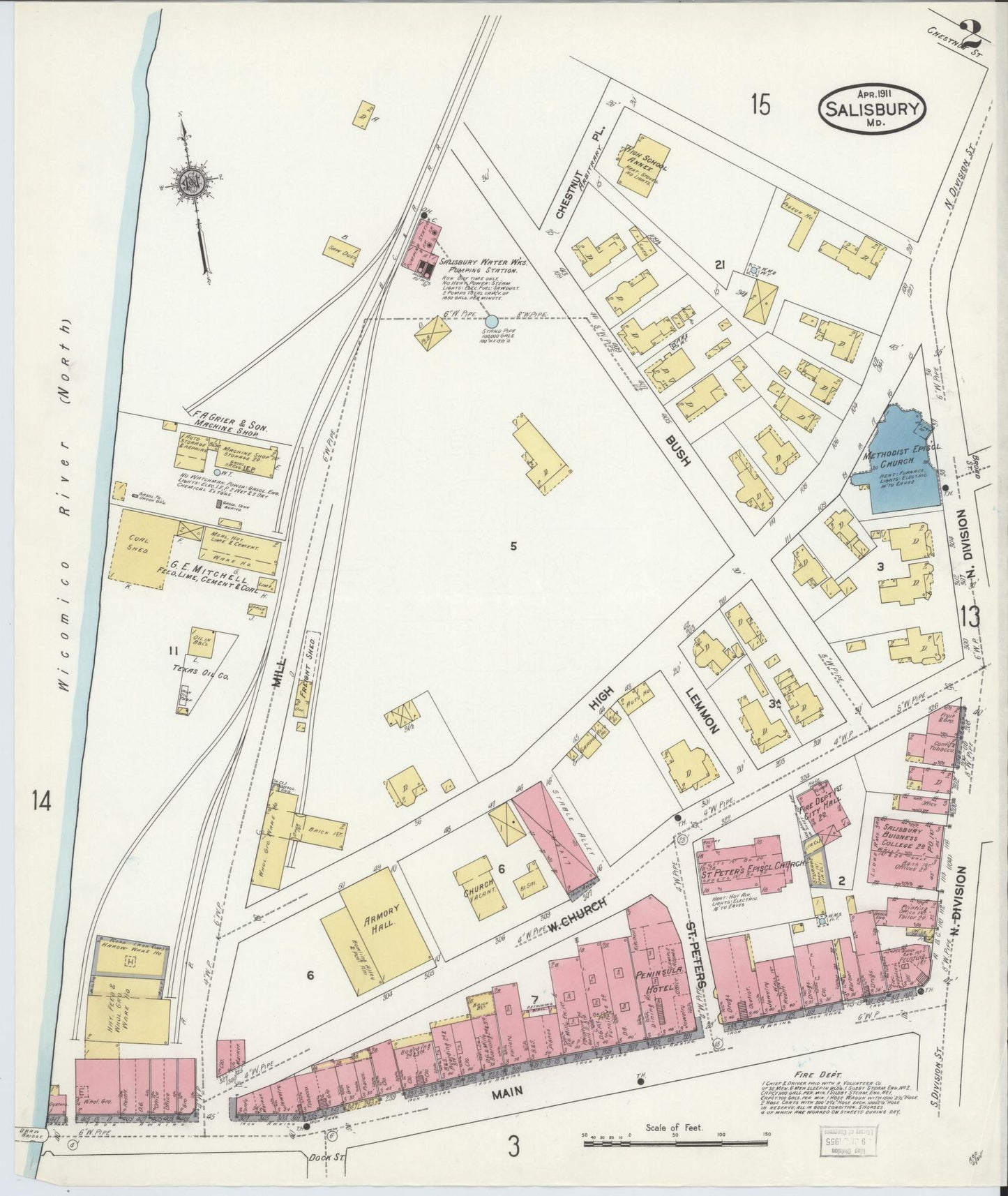 Sanborn Fire Insurance Map from Salisbury, Wicomico County, Maryland (1911), Sheet #0002 - Historic Sanborn Fire Insurance Map Print, vintage old map wall art