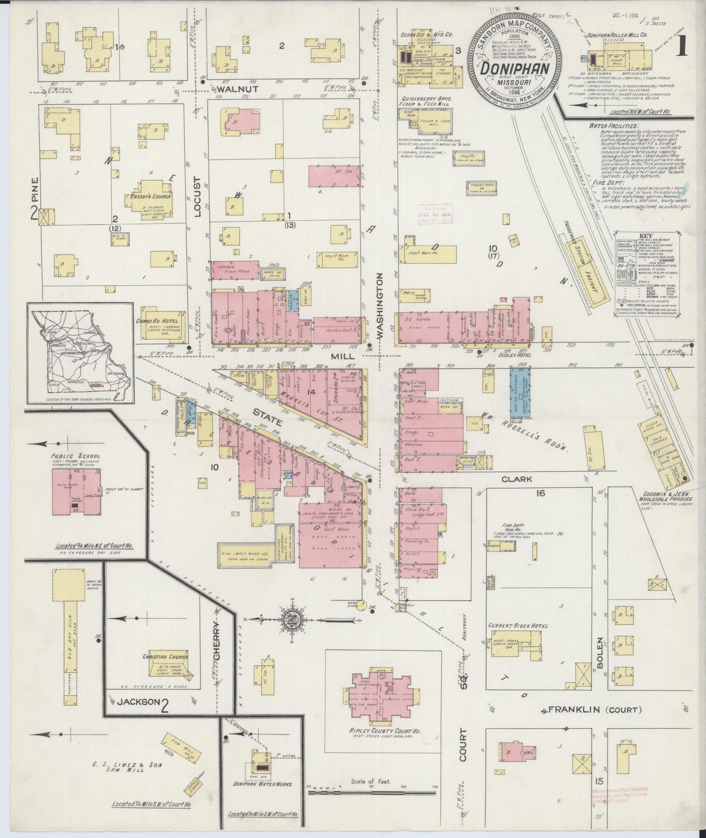 Sanborn Fire Insurance Map from Doniphan, Ripley County, Missouri (1914), Sheet #0001 - Historic Sanborn Fire Insurance Map Print, vintage old map wall art, antique decor, genealogy gift, Missouri Missouri map