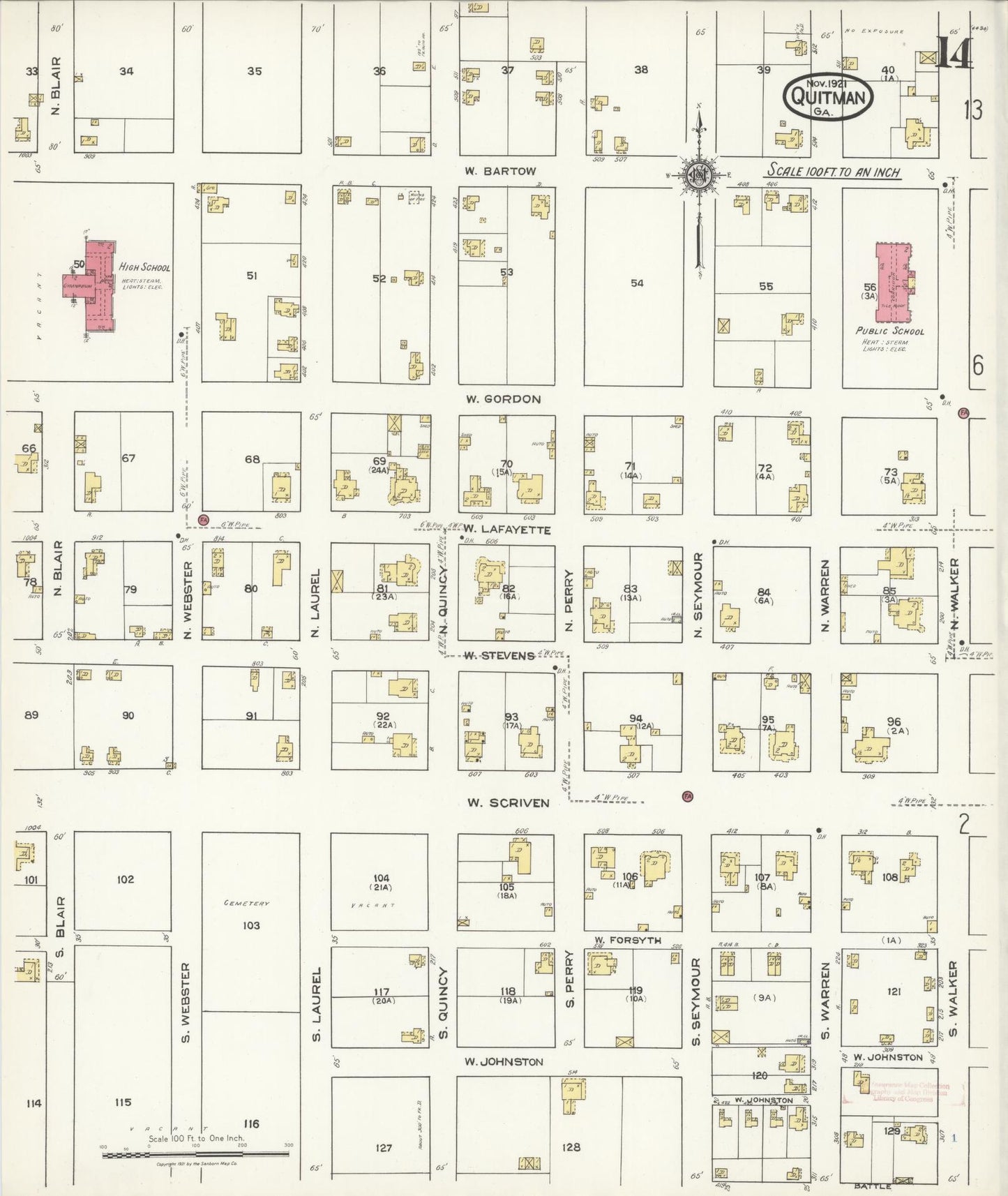 Sanborn Fire Insurance Map from Quitman, Brooks County, Georgia (1921), Sheet #0014 - Historic Sanborn Fire Insurance Map Print, vintage old map wall art, antique decor, genealogy gift, Georgia Georgia map