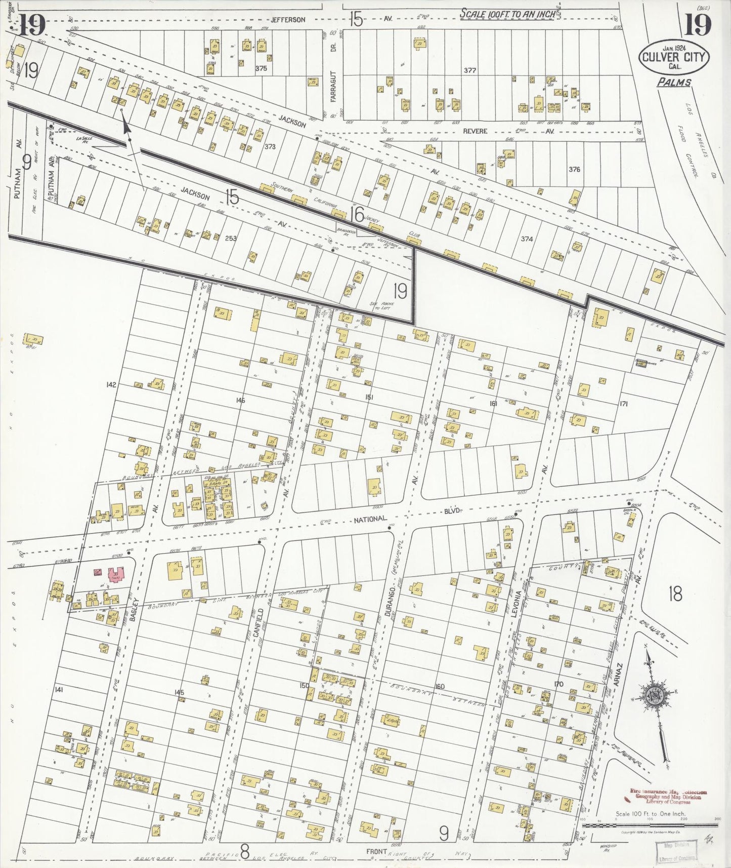 Sanborn Fire Insurance Map from Culver City, Los Angeles County, California (1924), Sheet #0019 - Historic Sanborn Fire Insurance Map Print, vintage old map wall art, antique decor, genealogy gift, California California map