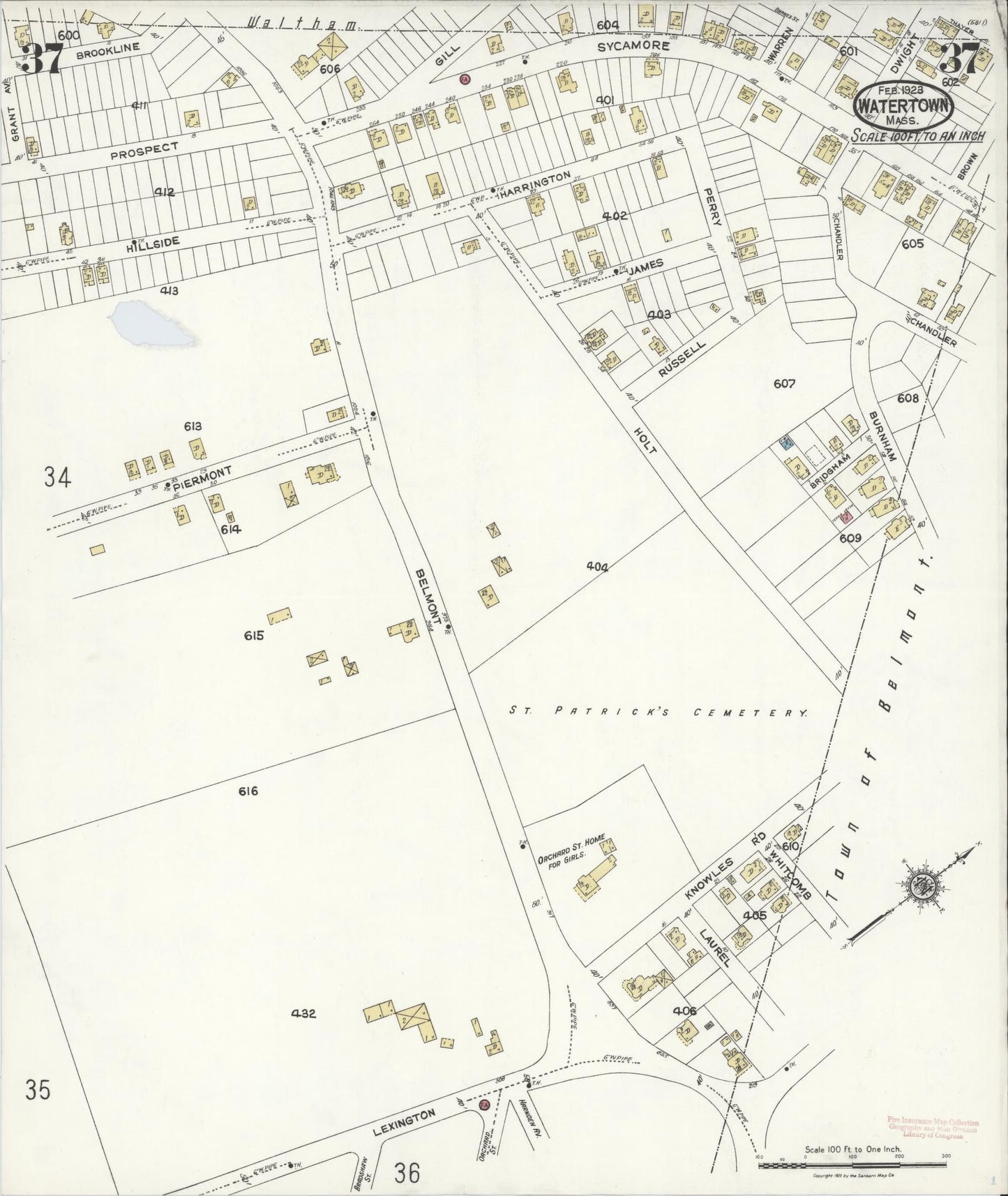 Sanborn Fire Insurance Map from Watertown, Middlesex County, Massachusetts (1923), Sheet #0037 - Historic Sanborn Fire Insurance Map Print, vintage old map wall art, antique decor, genealogy gift, Massachusetts Massachusetts map
