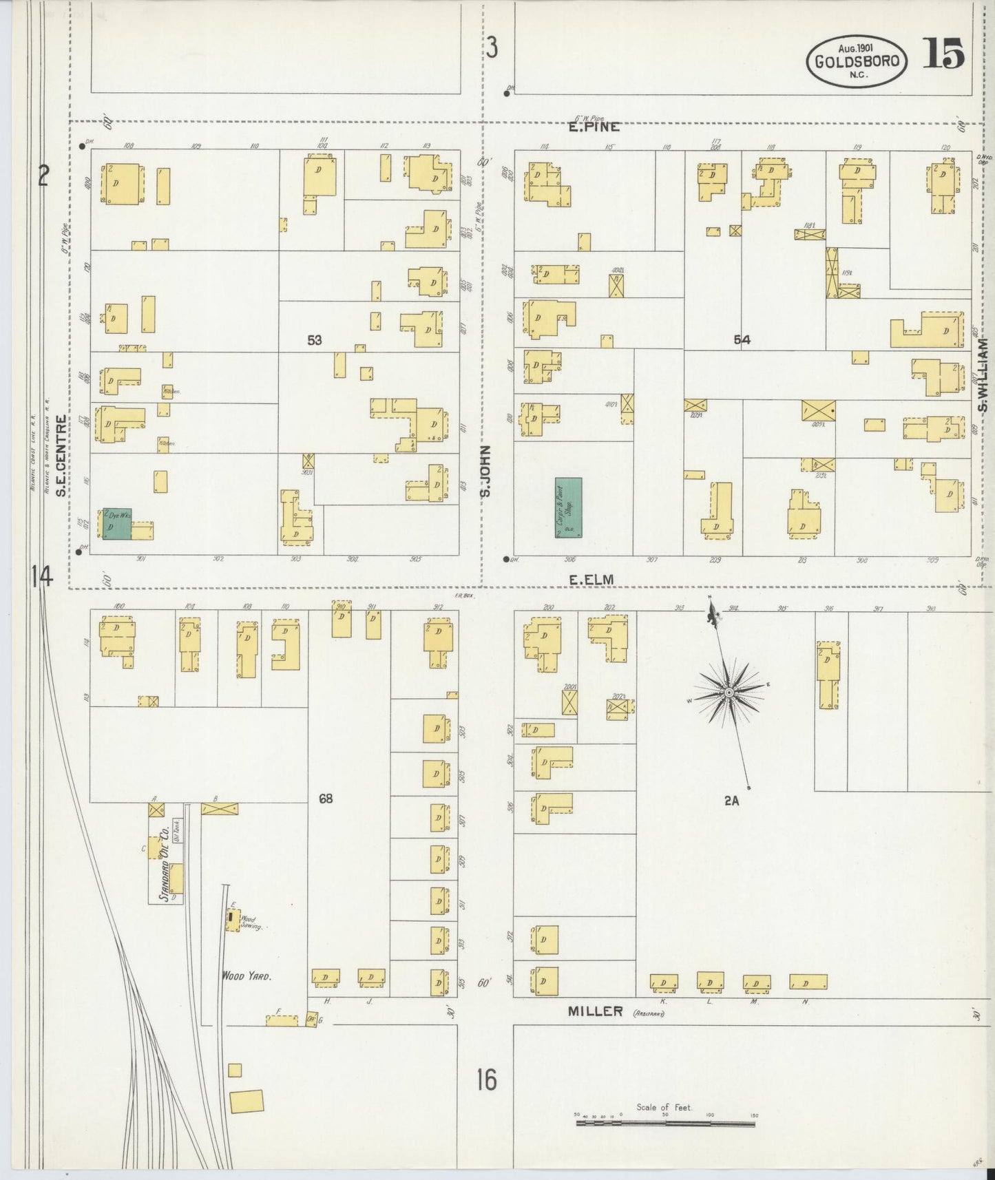 Sanborn Fire Insurance Map from Goldsboro, Wayne County, North Carolina (1901), Sheet #0015 - Historic Sanborn Fire Insurance Map Print, vintage old map wall art, antique decor, genealogy gift, North Carolina North Carolina map