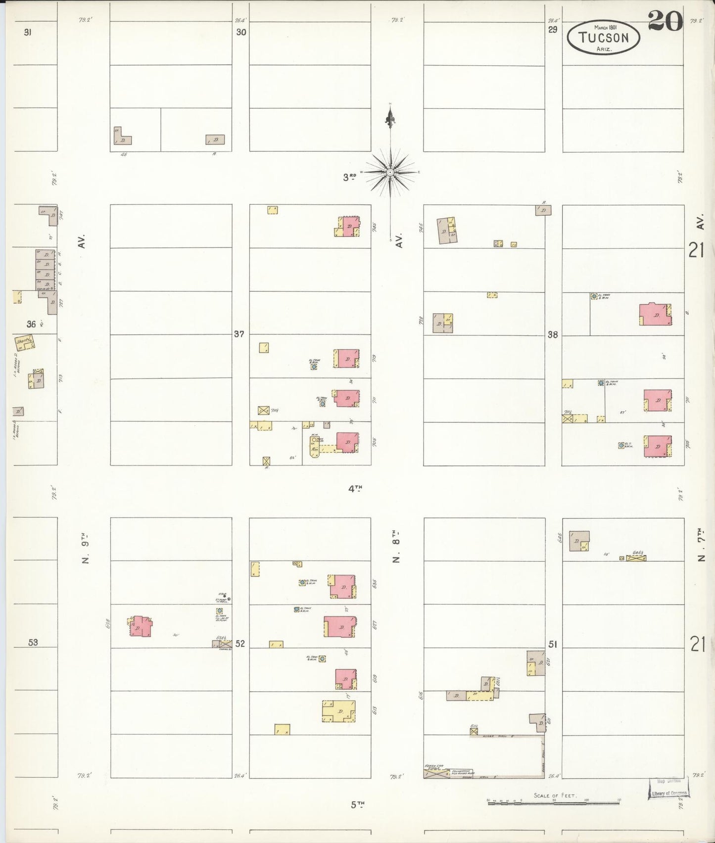 Sanborn Fire Insurance Map from Tucson, Pima County, Arizona (1901), Sheet #0020 - Historic Sanborn Fire Insurance Map Print, vintage old map wall art, antique decor, genealogy gift, Arizona Arizona map