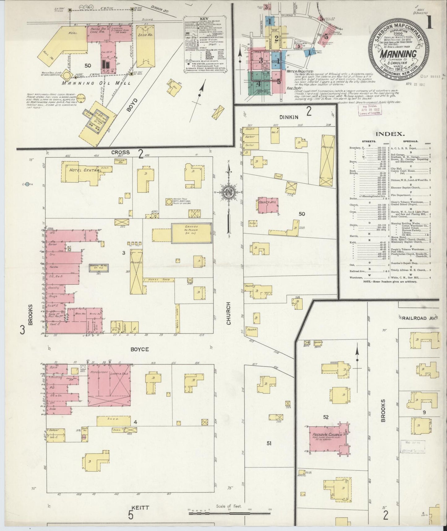Sanborn Fire Insurance Map from Manning, Clarendon County, South Carolina (1912), Sheet #0001 - Historic Sanborn Fire Insurance Map Print, vintage old map wall art, antique decor, genealogy gift, South Carolina South Carolina map