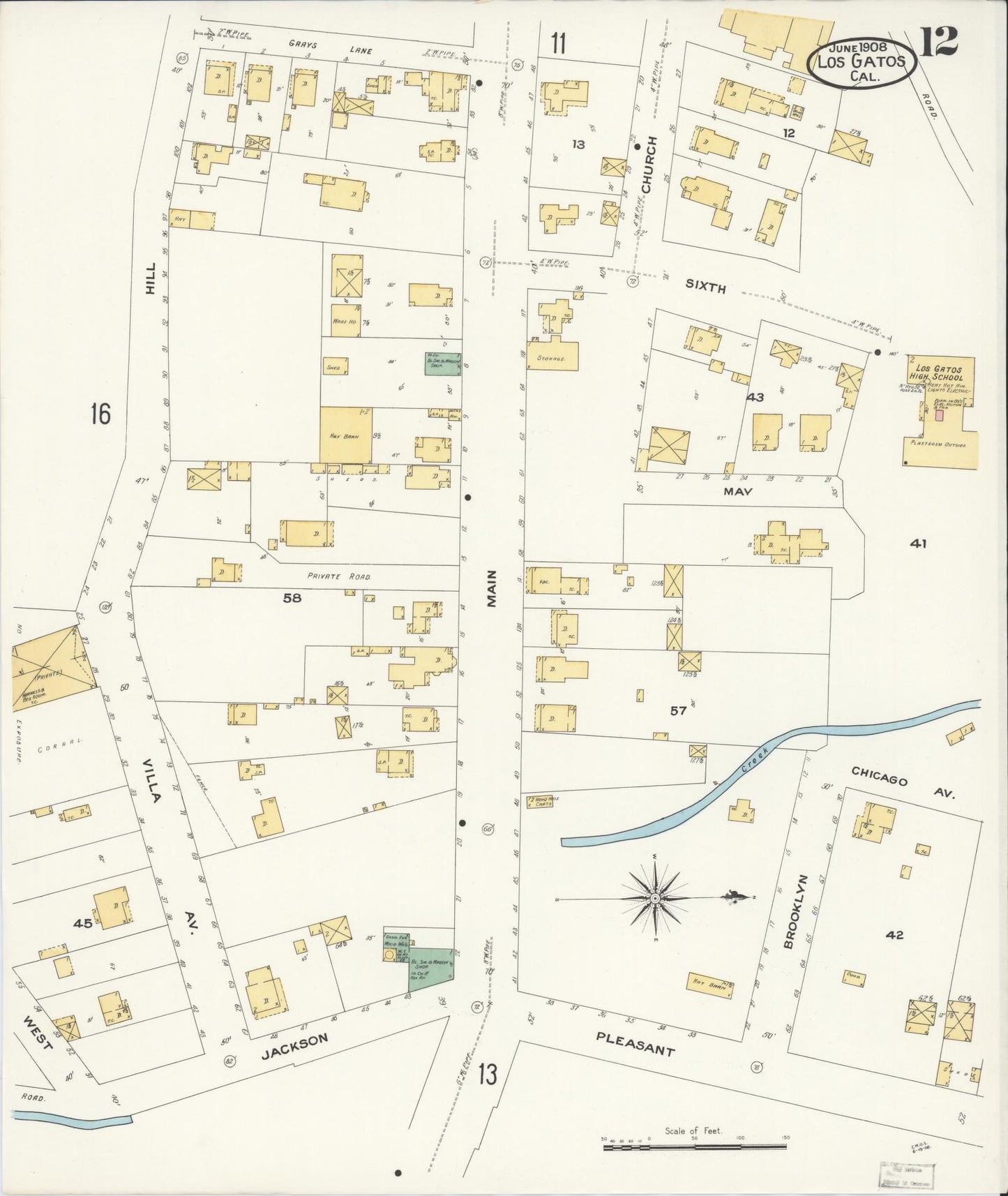 Sanborn Fire Insurance Map from Los Gatos, Santa Clara County, California (1908), Sheet #0012 - Historic Sanborn Fire Insurance Map Print, vintage old map wall art, antique decor, genealogy gift, California California map