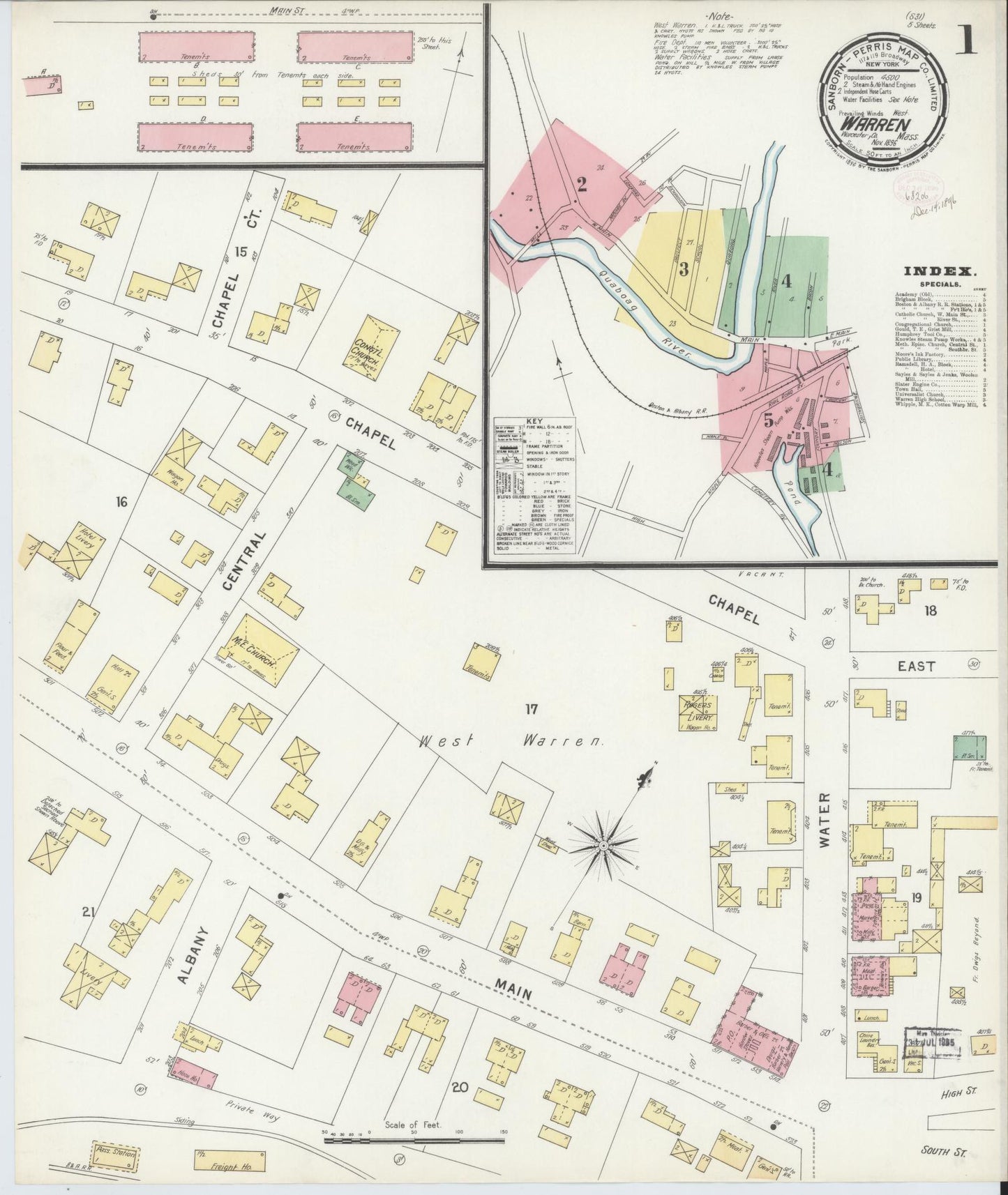 Sanborn Fire Insurance Map from Warren, Worcester County, Massachusetts (1896), Sheet #0001 - Historic Sanborn Fire Insurance Map Print, vintage old map wall art, antique decor, genealogy gift, Massachusetts Massachusetts map