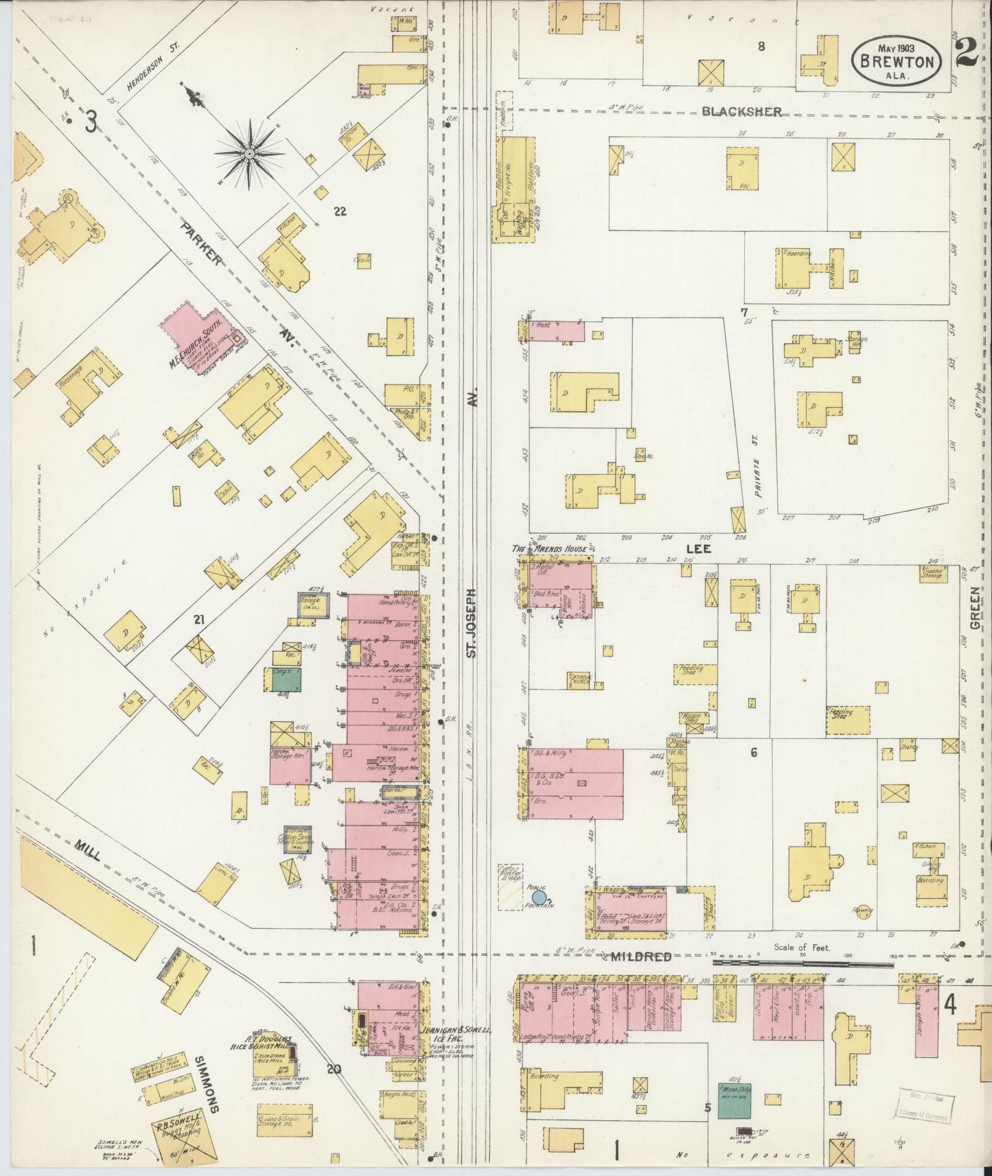 Sanborn Fire Insurance Map from Brewton, Escambia County, Alabama (1903), Sheet #0002 - Historic Sanborn Fire Insurance Map Print, vintage old map wall art, antique decor, genealogy gift, Alabama Alabama map