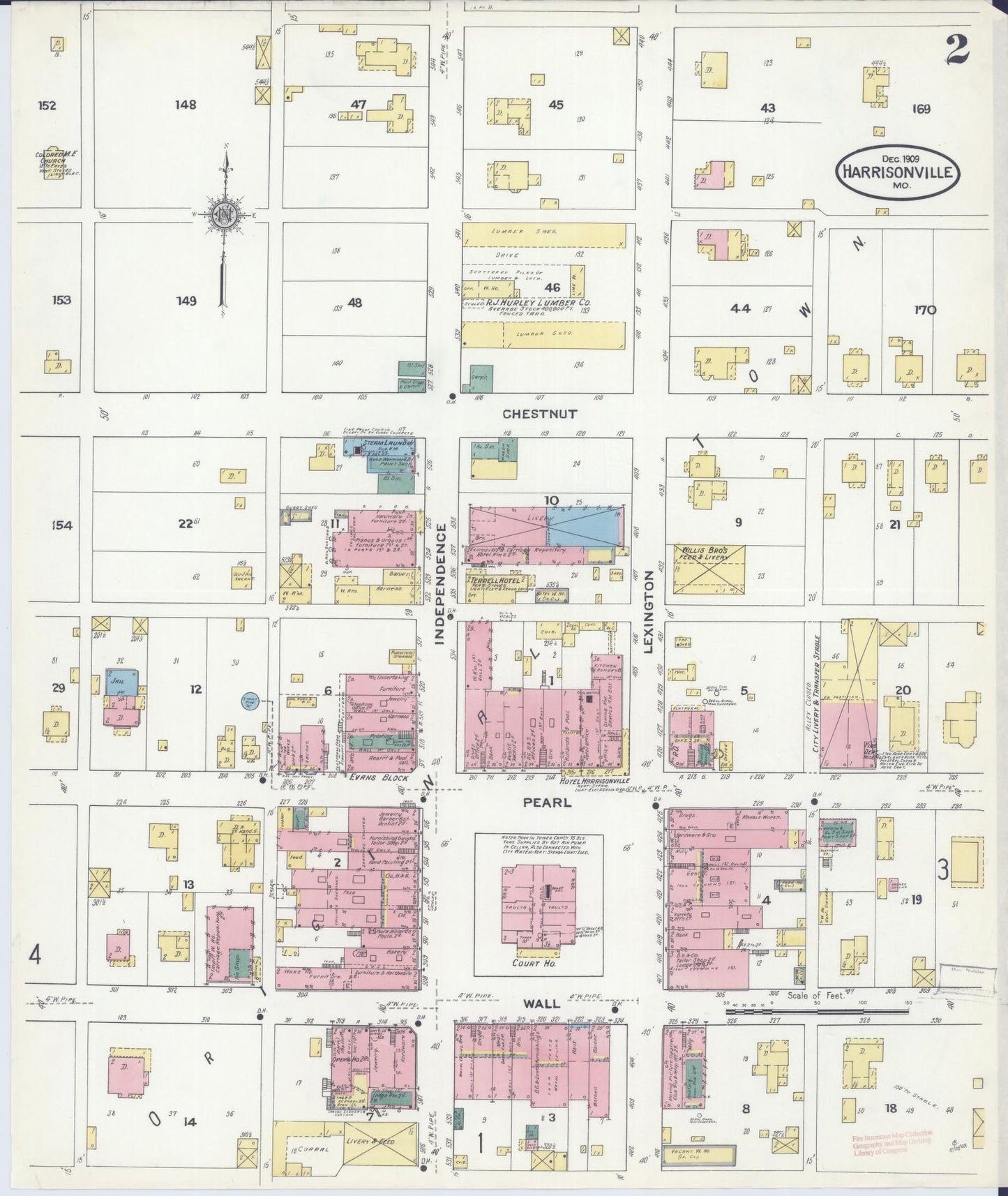 Sanborn Fire Insurance Map from Harrisonville, Cass County, Missouri (1909), Sheet #0002 - Historic Sanborn Fire Insurance Map Print, vintage old map wall art, antique decor, genealogy gift, Missouri Missouri map