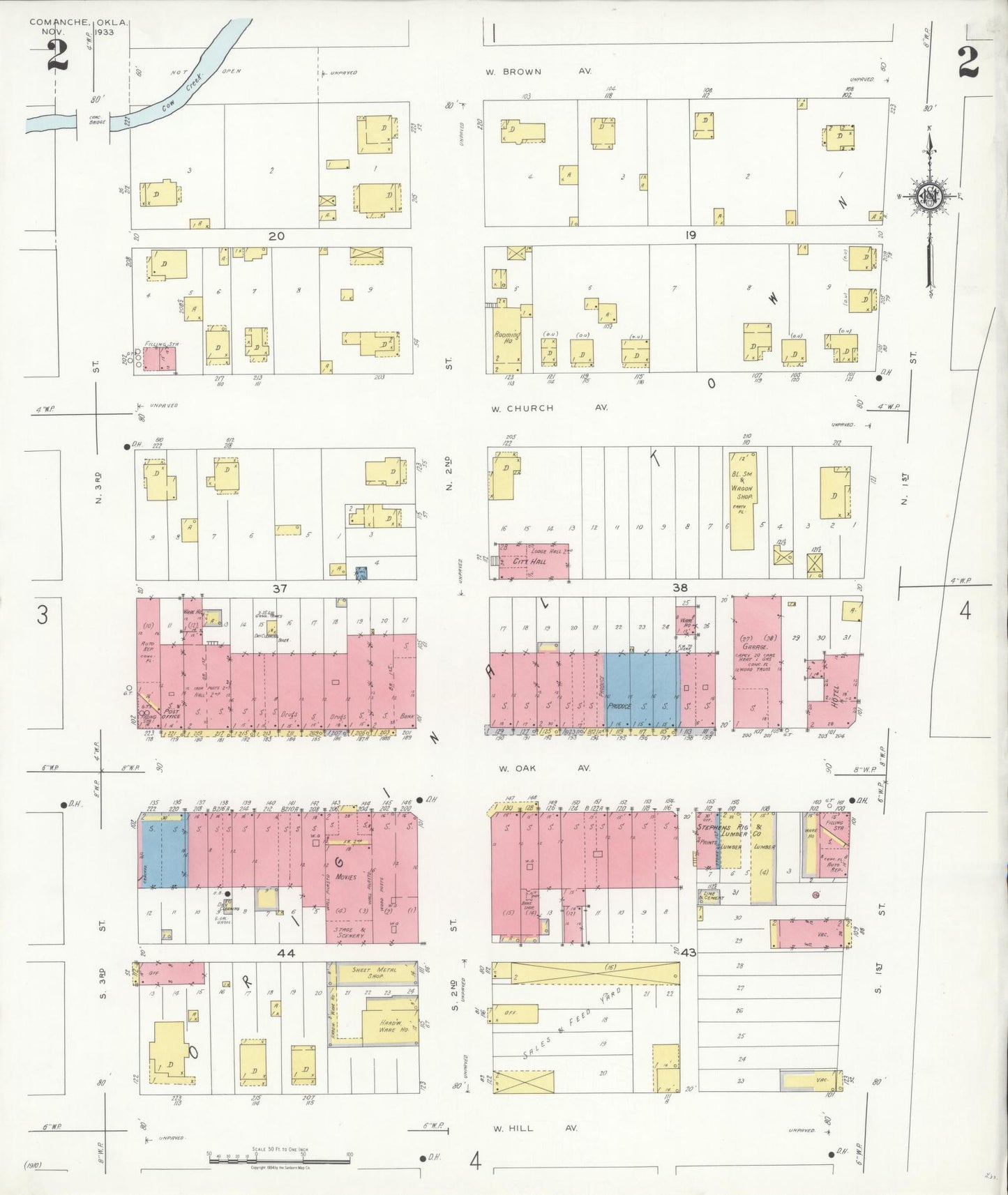 Sanborn Fire Insurance Map from Comanche, Stephens County, Oklahoma (1933), Sheet #0002 - Historic Sanborn Fire Insurance Map Print, vintage old map wall art, antique decor, genealogy gift, Oklahoma Oklahoma map
