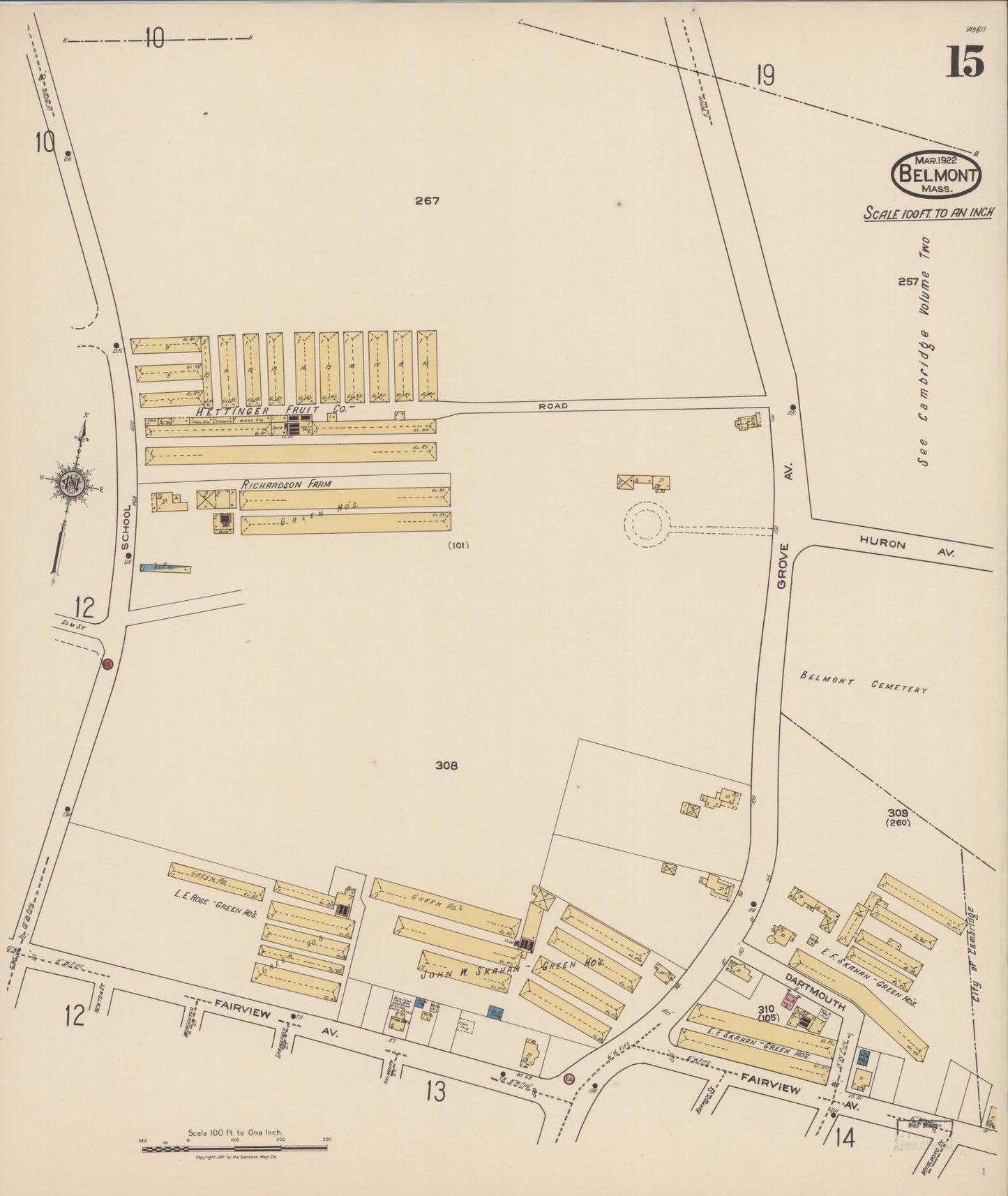 Sanborn Fire Insurance Map from Belmont, Middlesex County, Massachusetts (1922), Sheet #0015 - Historic Sanborn Fire Insurance Map Print, vintage old map wall art, antique decor, genealogy gift, Massachusetts Massachusetts map