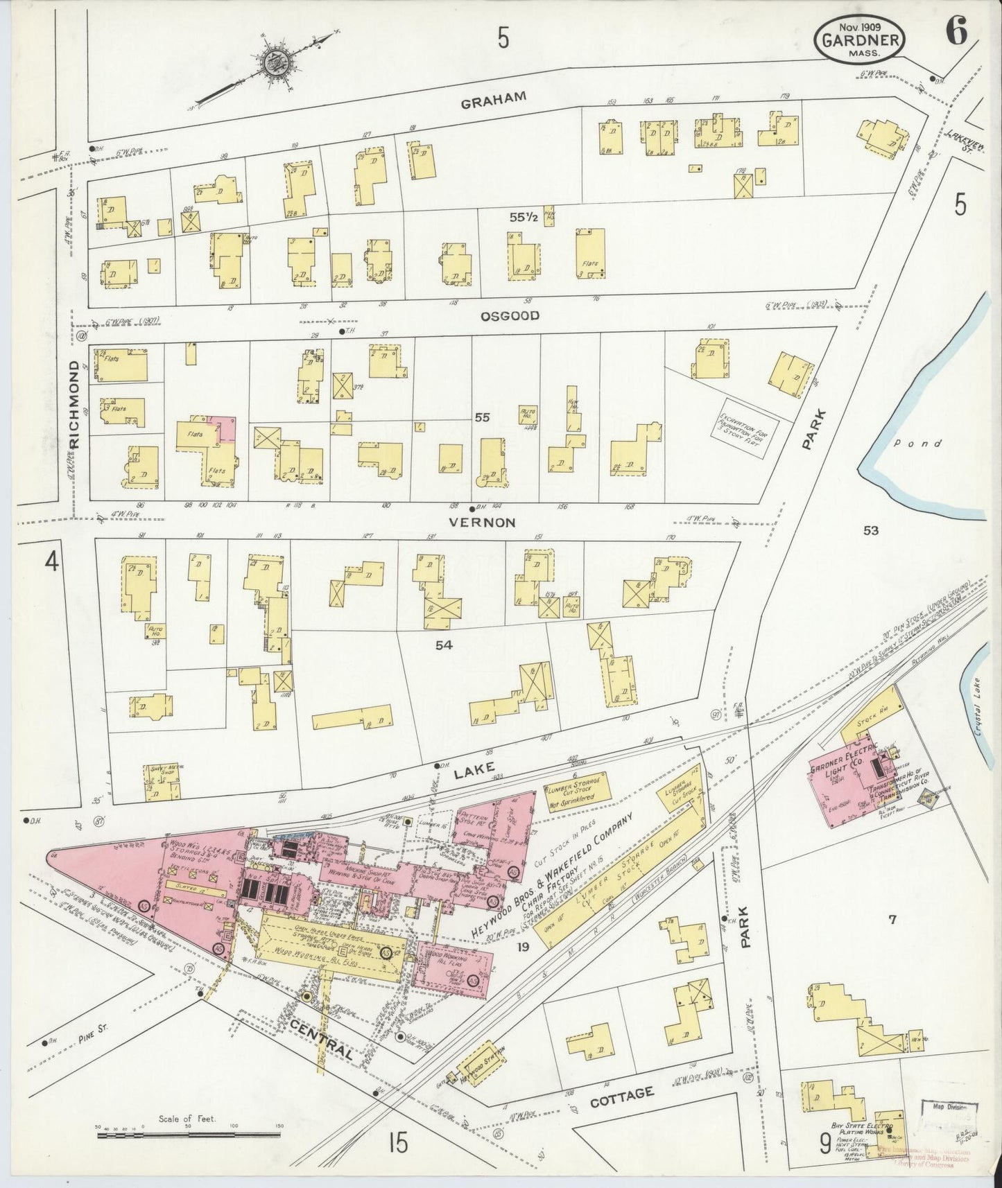 Sanborn Fire Insurance Map from Gardner, Worcester County, Massachusetts (1909), Sheet #0006 - Historic Sanborn Fire Insurance Map Print, vintage old map wall art, antique decor, genealogy gift, Massachusetts Massachusetts map