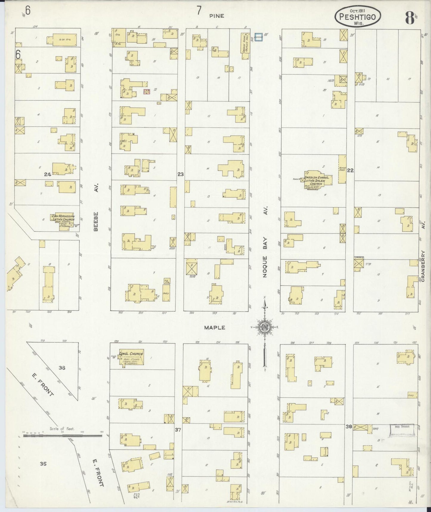 Sanborn Fire Insurance Map from Peshtigo, Marinette County, Wisconsin (1911), Sheet #0008 - Historic Sanborn Fire Insurance Map Print, vintage old map wall art, antique decor, genealogy gift, Wisconsin Wisconsin map