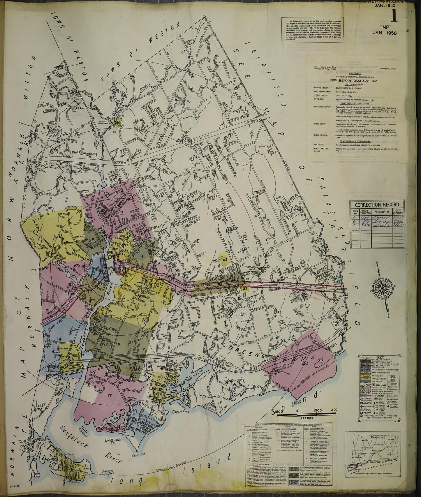 Sanborn Fire Insurance Map from Westport, Fairfield County, Connecticut (1962), Sheet #0001 - Historic Sanborn Fire Insurance Map Print, vintage old map wall art, antique decor, genealogy gift, Connecticut Connecticut map