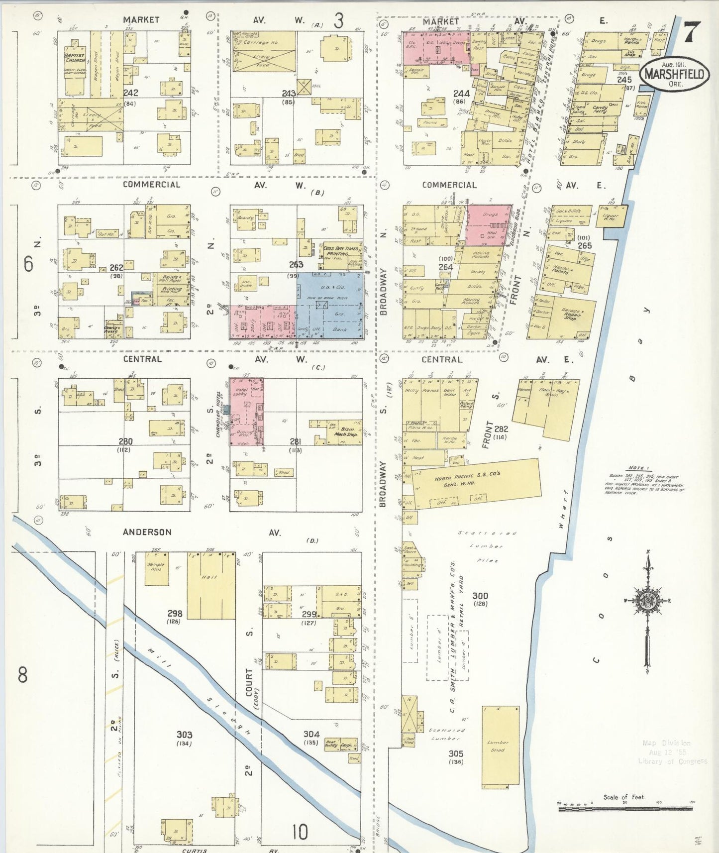 Sanborn Fire Insurance Map from Marshfield, Coos County, Oregon (1911), Sheet #0007 - Historic Sanborn Fire Insurance Map Print, vintage old map wall art, antique decor, genealogy gift, Oregon Oregon map