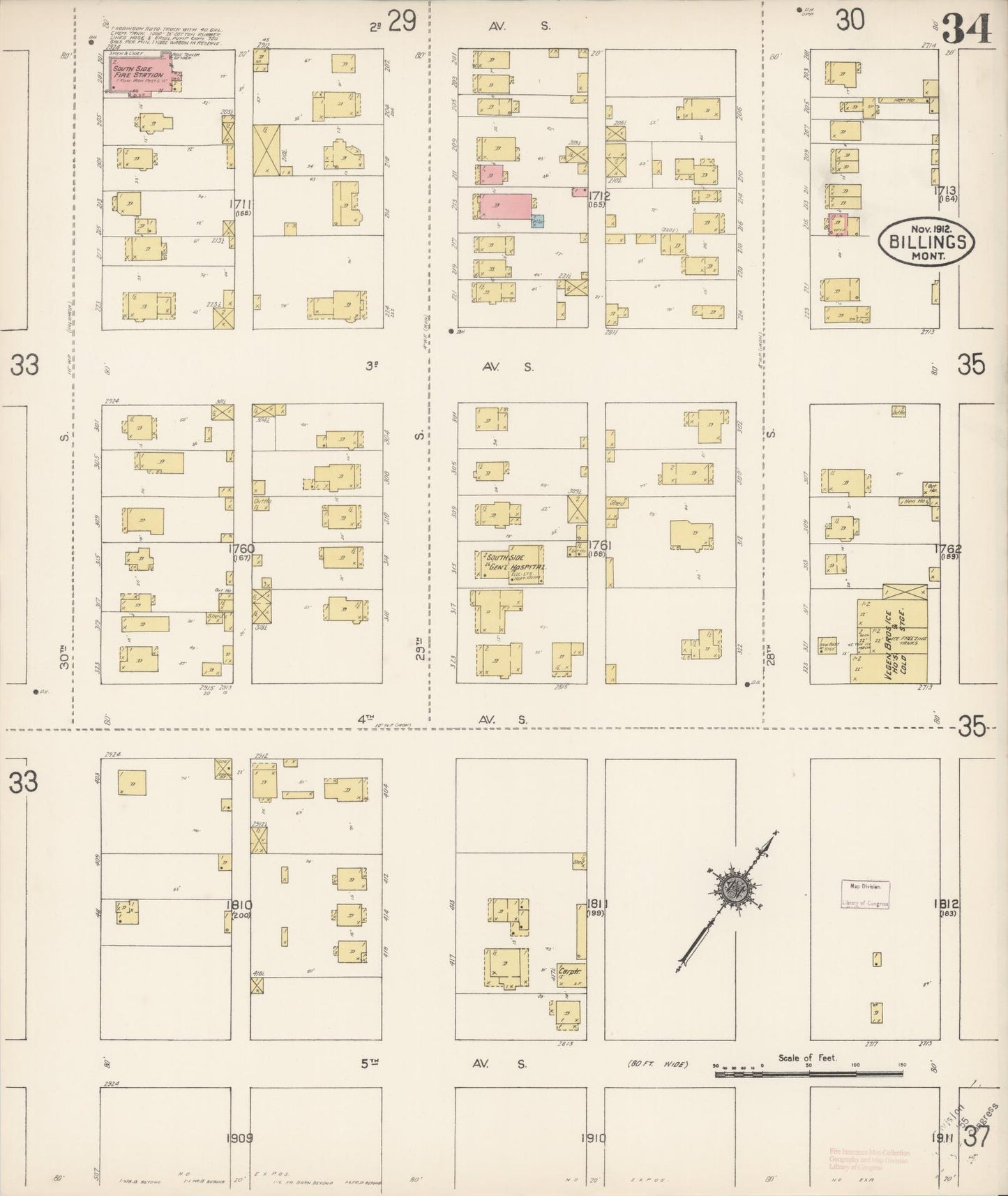 Sanborn Fire Insurance Map from Billings, Yellowstone County, Montana (1912), Sheet #0034 - Historic Sanborn Fire Insurance Map Print, vintage old map wall art, antique decor, genealogy gift, Montana Montana map