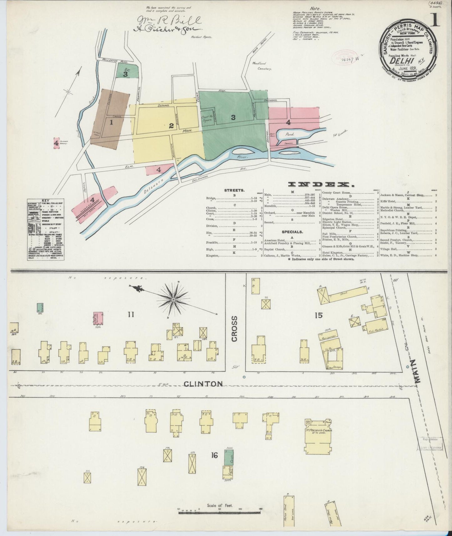 Sanborn Fire Insurance Map from Delhi, Delaware County, New York (1891), Sheet #0001 - Historic Sanborn Fire Insurance Map Print, vintage old map wall art, antique decor, genealogy gift, Delhi Delaware map