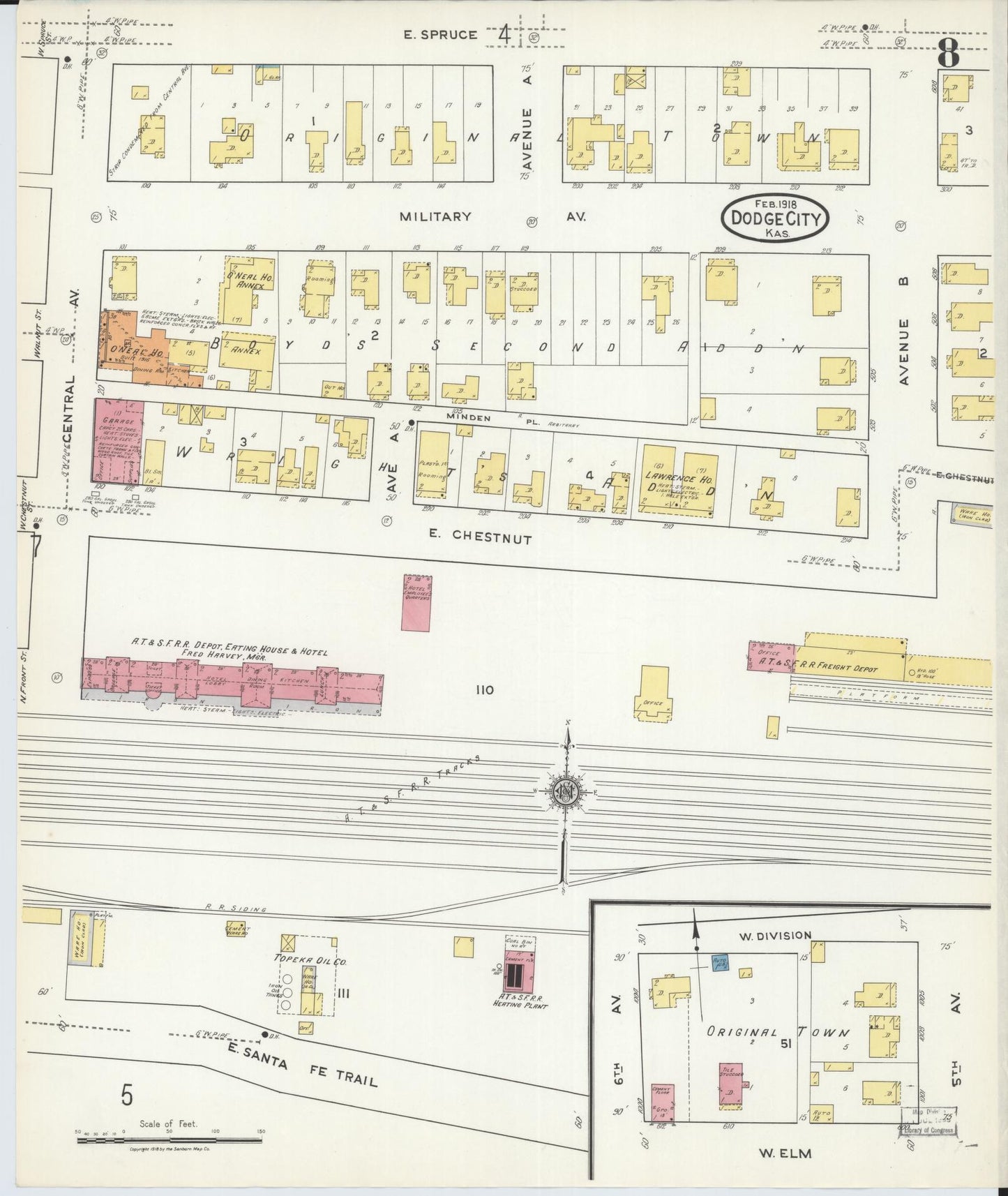 Sanborn Fire Insurance Map from Dodge City, Ford County, Kansas (1918), Sheet #0008 - Historic Sanborn Fire Insurance Map Print, vintage old map wall art, antique decor, genealogy gift, Kansas Kansas map