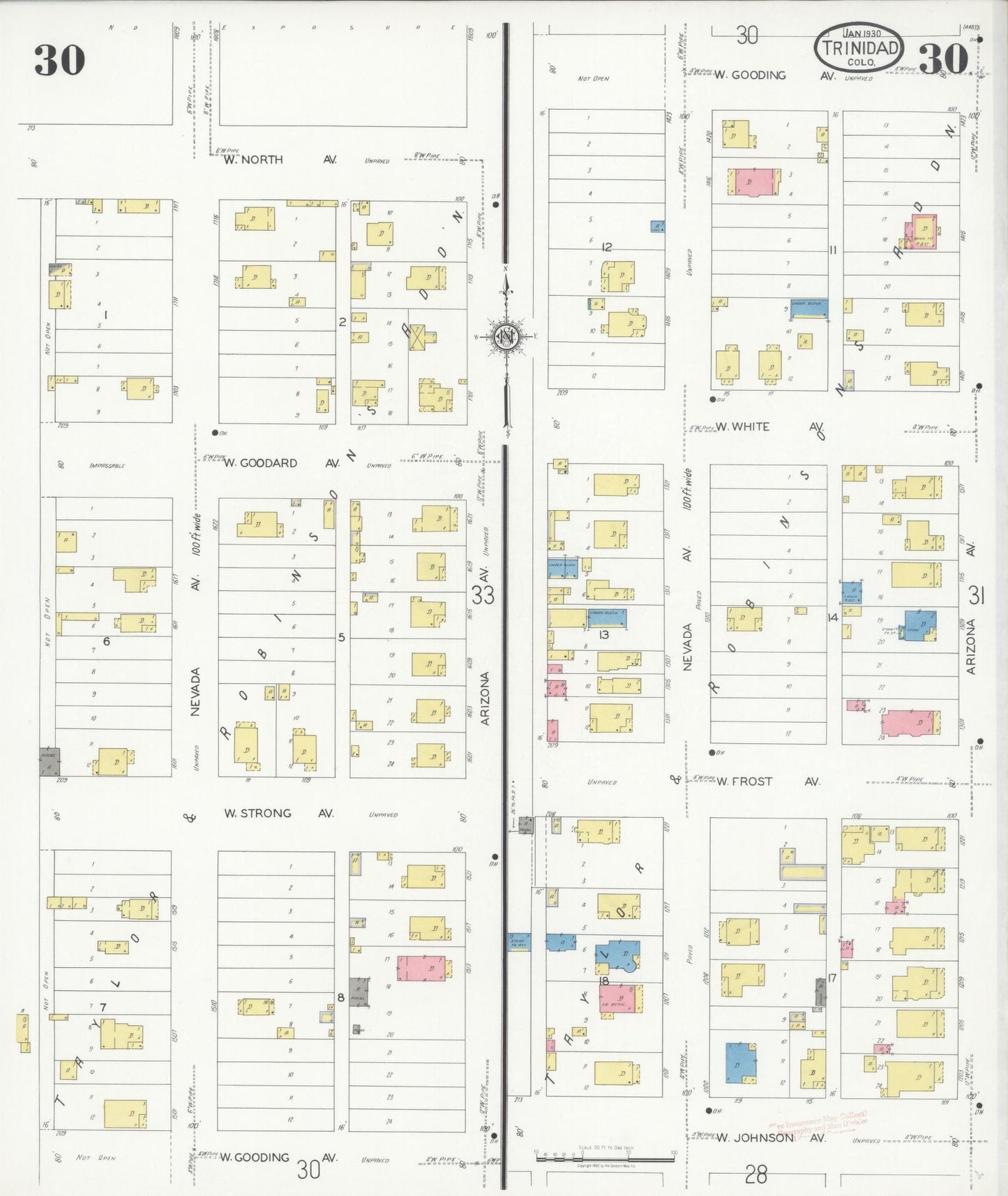 Sanborn Fire Insurance Map from Trinidad, Las Animas County, Colorado (1930), Sheet #0030 - Historic Sanborn Fire Insurance Map Print, vintage old map wall art, antique decor, genealogy gift, Colorado Colorado map