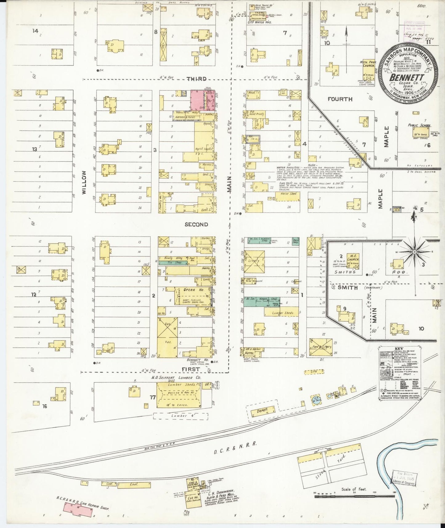 Sanborn Fire Insurance Map from Bennett, Cedar County, Iowa (1906), Sheet #0001 - Historic Sanborn Fire Insurance Map Print, vintage old map wall art