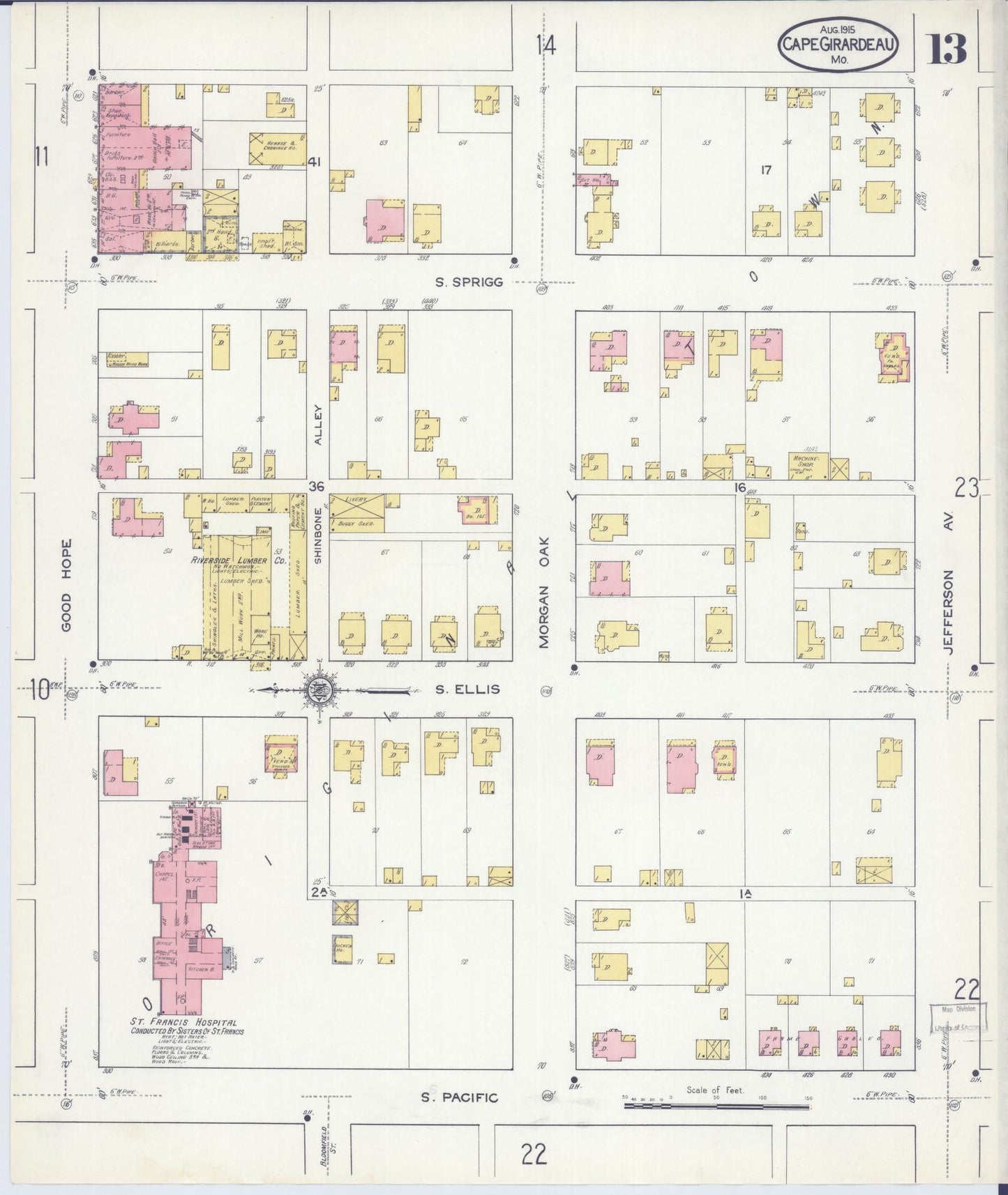 Sanborn Fire Insurance Map from Cape Girardeau, Cape Girardeau County, Missouri (1915), Sheet #0013 - Historic Sanborn Fire Insurance Map Print, vintage old map wall art, antique decor, genealogy gift, Missouri Missouri map