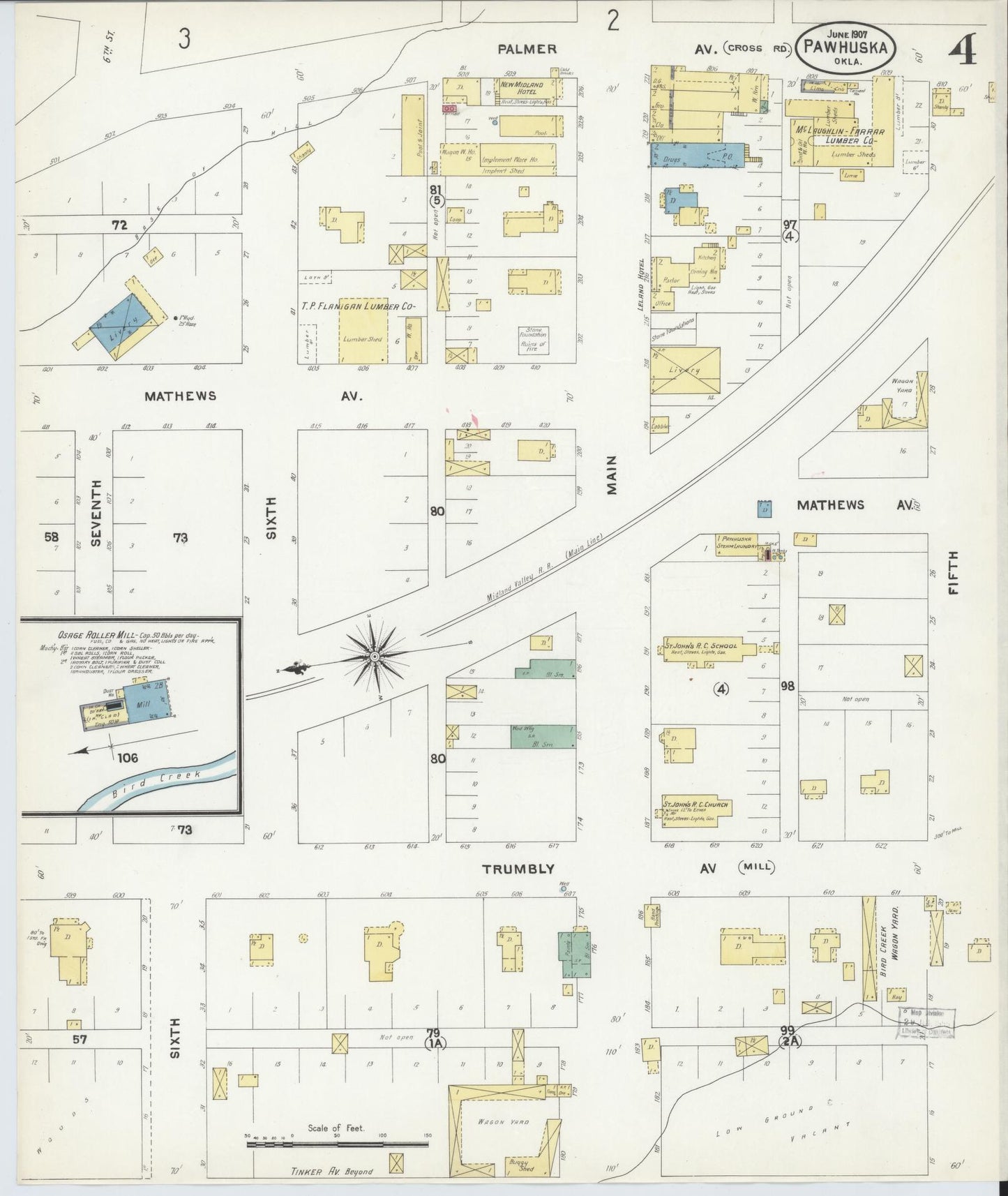 Sanborn Fire Insurance Map from Pawhuska, Osage County, Oklahoma (1907), Sheet #0004 - Historic Sanborn Fire Insurance Map Print, vintage old map wall art, antique decor, genealogy gift, Oklahoma Oklahoma map