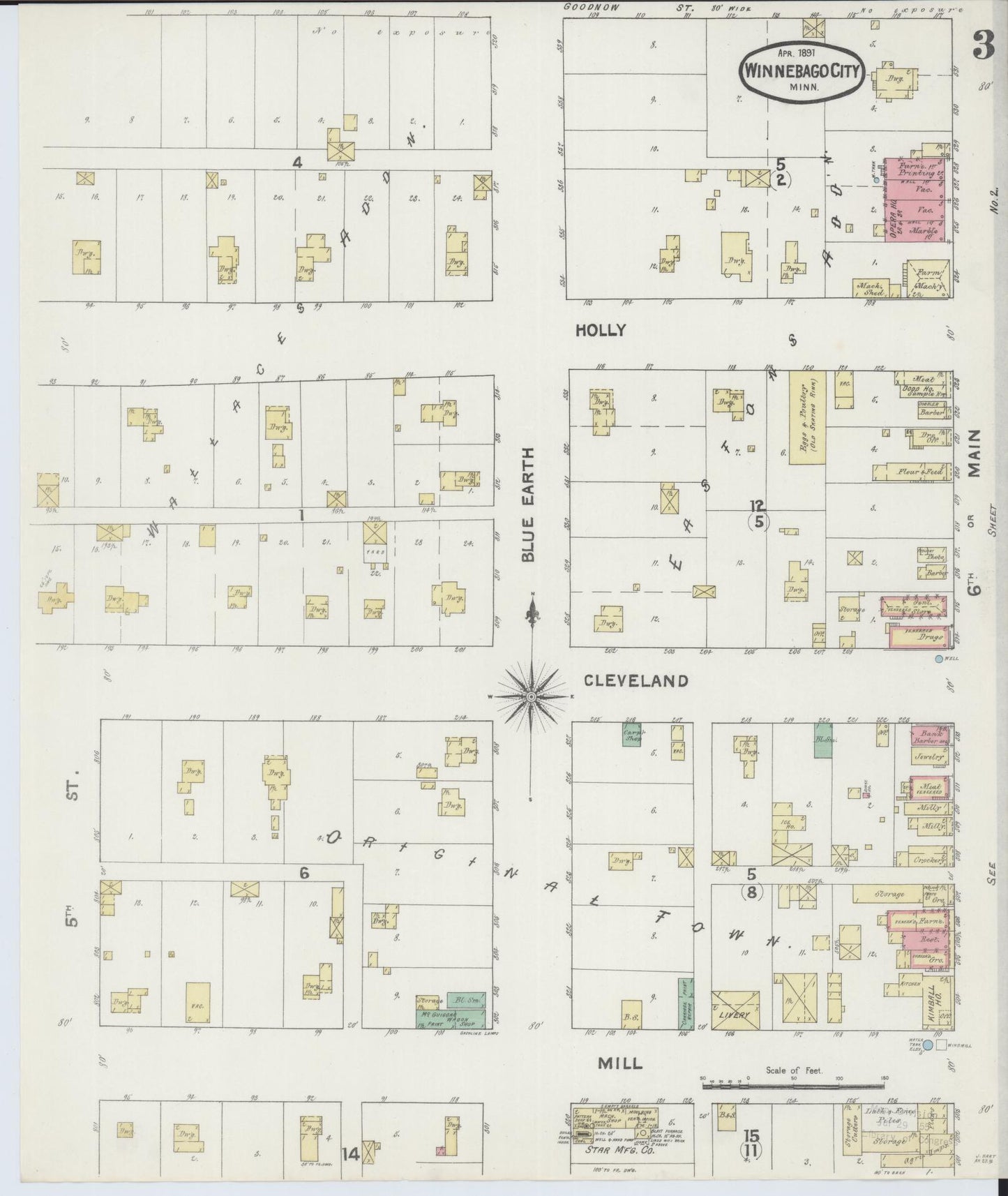 Sanborn Fire Insurance Map from Winnebago, Faribault County, Minnesota (1891), Sheet #0003 - Complete Map Set gallery image, historic Sanborn map, vintage wall art, Minnesota Minnesota