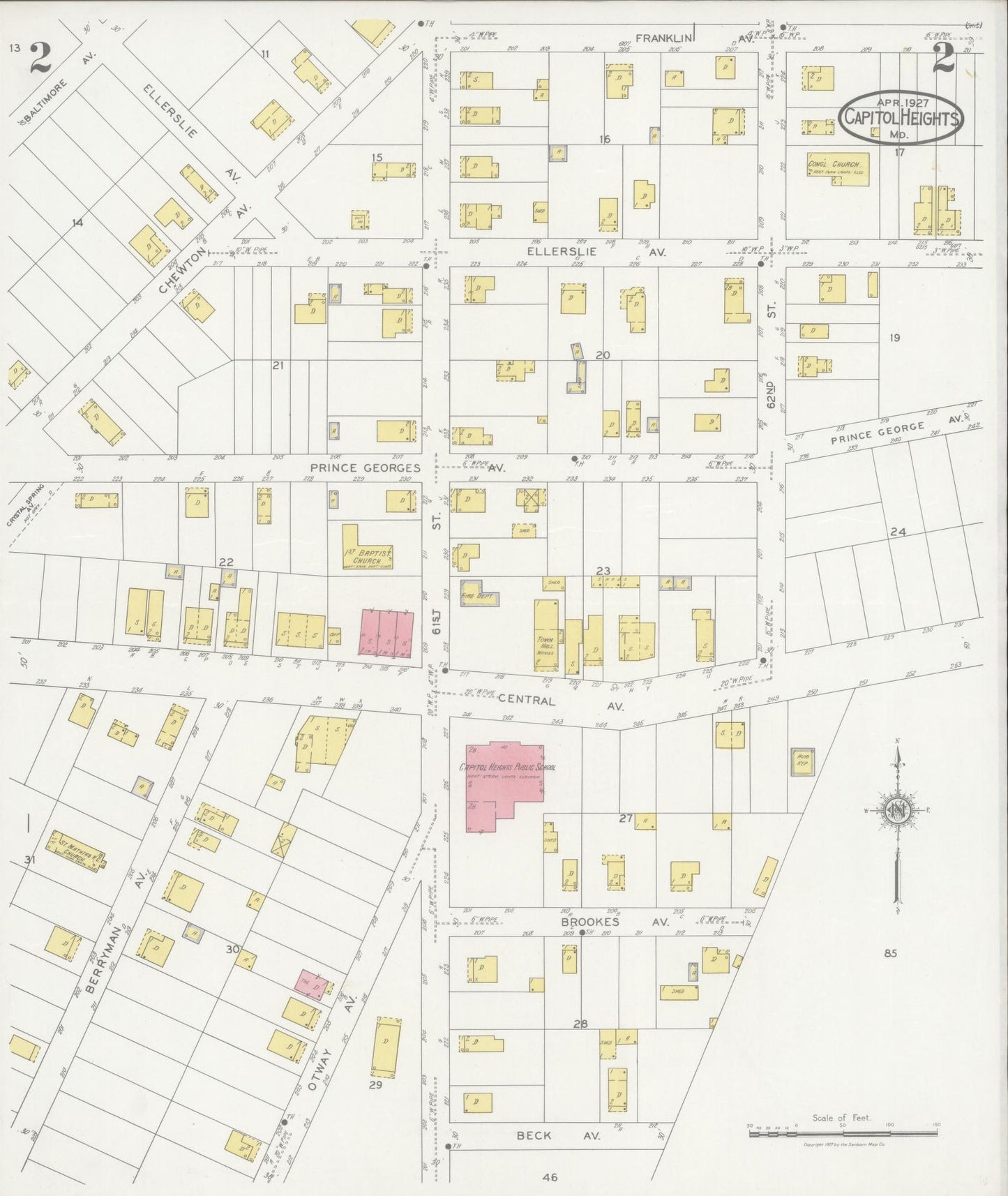 Sanborn Fire Insurance Map from Capitol Heights, Prince Georges County, Maryland (1927), Sheet #0002 - Historic Sanborn Fire Insurance Map Print, vintage old map wall art, antique decor, genealogy gift, Maryland Maryland map