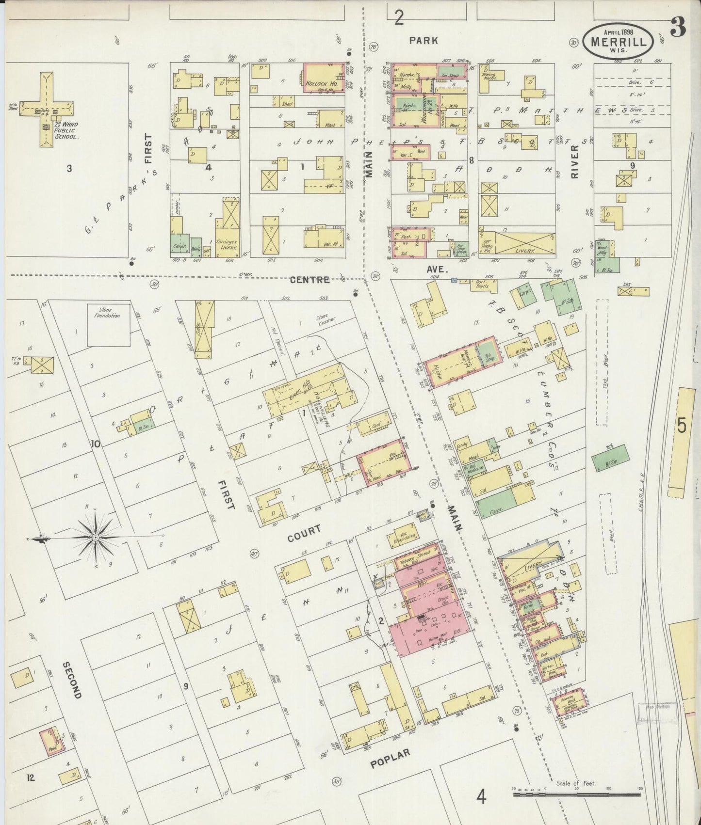 Sanborn Fire Insurance Map from Merrill, Lincoln County, Wisconsin (1898), Sheet #0003 - Historic Sanborn Fire Insurance Map Print, vintage old map wall art, antique decor, genealogy gift, Wisconsin Wisconsin map