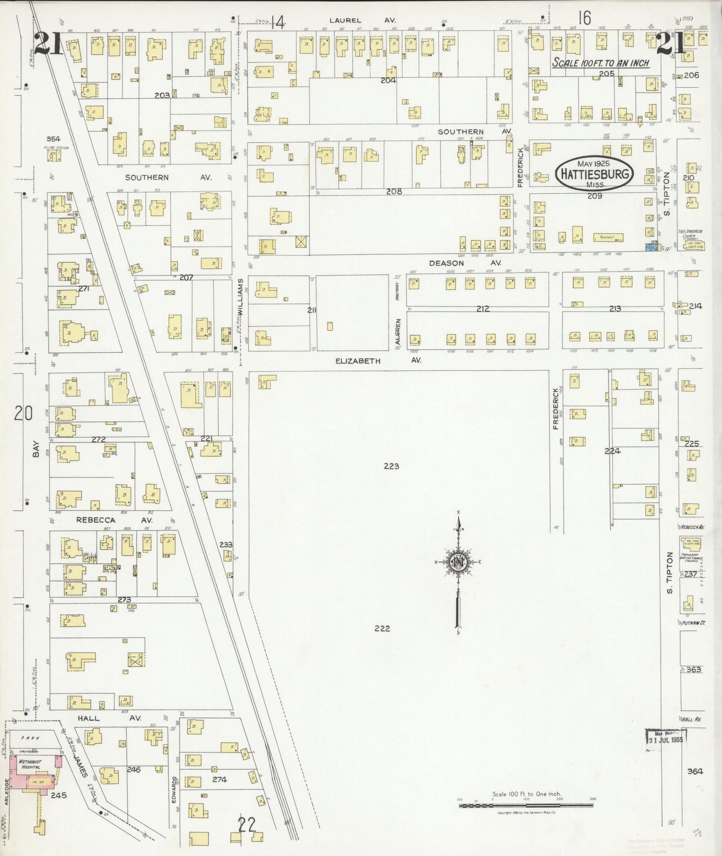 Sanborn Fire Insurance Map from Hattiesburg, Forrest County, Mississippi (1925), Sheet #0021 - Historic Sanborn Fire Insurance Map Print, vintage old map wall art, antique decor, genealogy gift, Mississippi Mississippi map