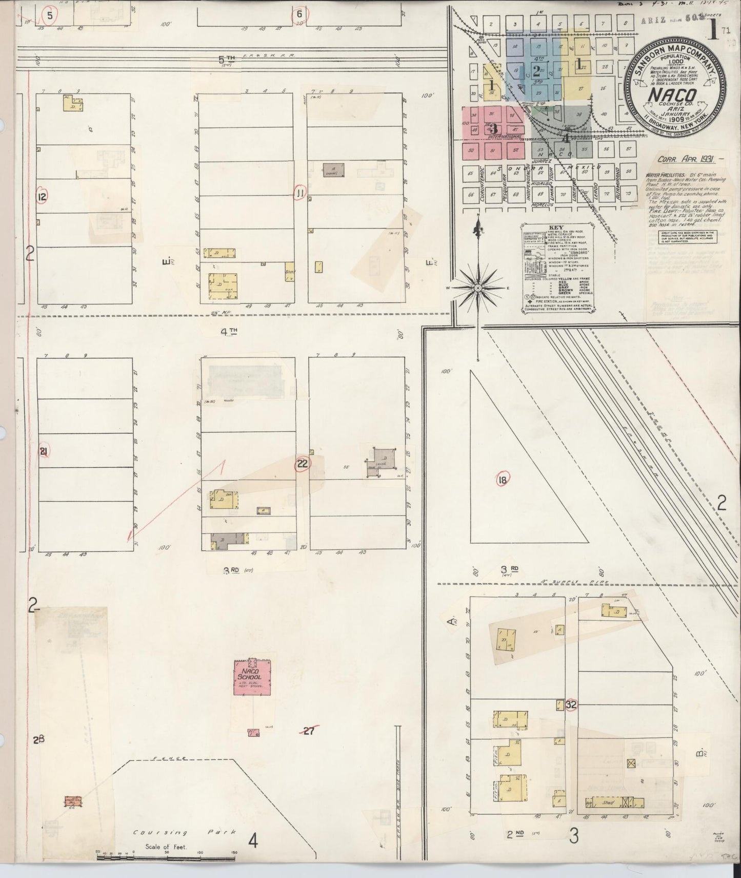 Sanborn Fire Insurance Map from Naco, Cochise County, Arizona (1931), Sheet #0001 - Historic Sanborn Fire Insurance Map Print, vintage old map wall art, antique decor, genealogy gift, Arizona Arizona map