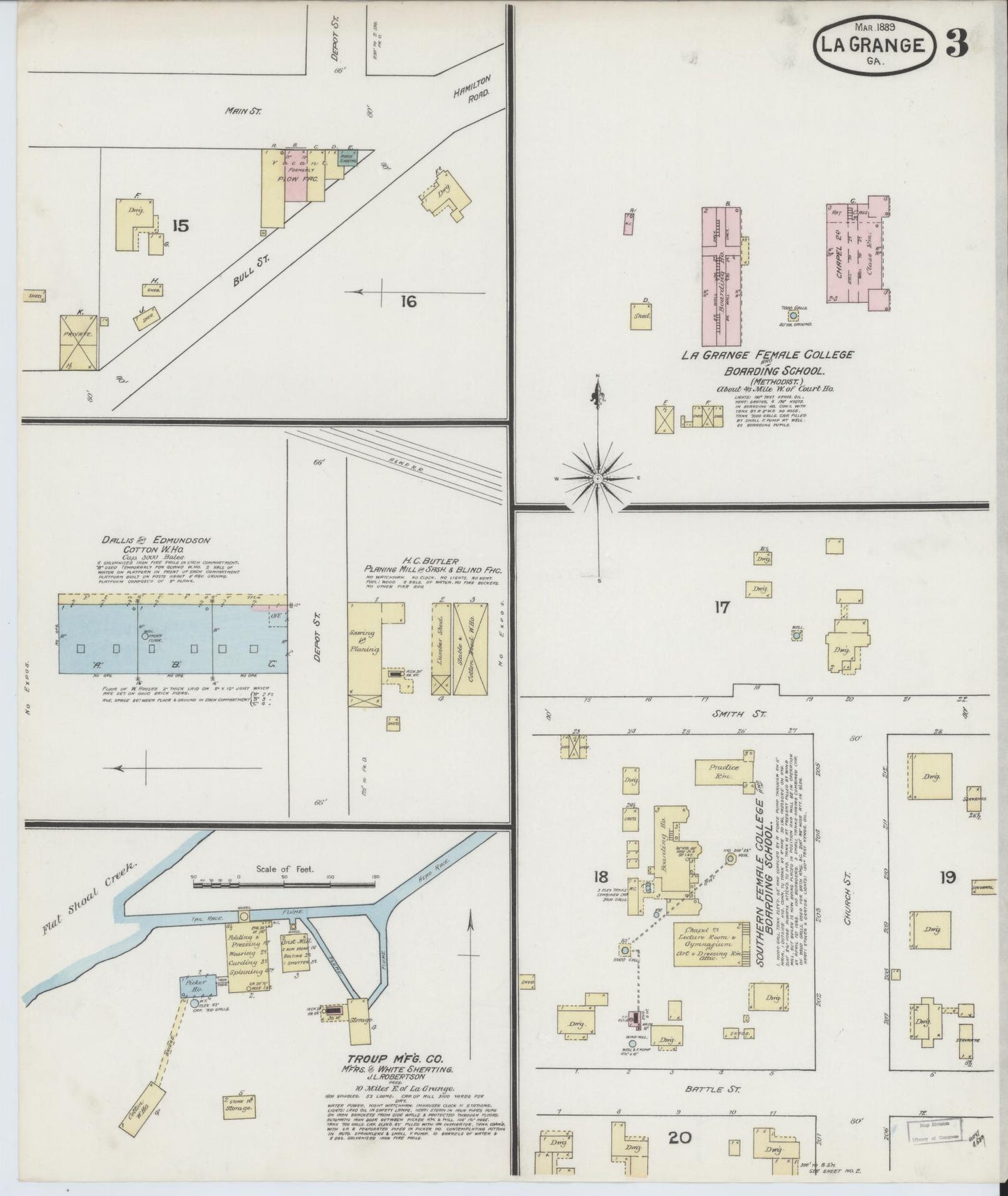 Sanborn Fire Insurance Map from La Grange, Troup County, Georgia (1889), Sheet #0003 - Historic Sanborn Fire Insurance Map Print, vintage old map wall art, antique decor, genealogy gift, Georgia Georgia map