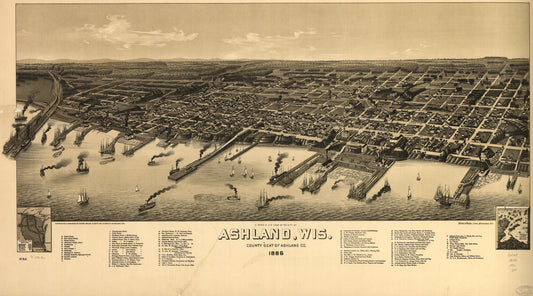 A bird's eye view of the city of Ashland, Wis., county seat of Ashland County 1886. (1886) – Historic Bird’s-Eye View Panorama Print