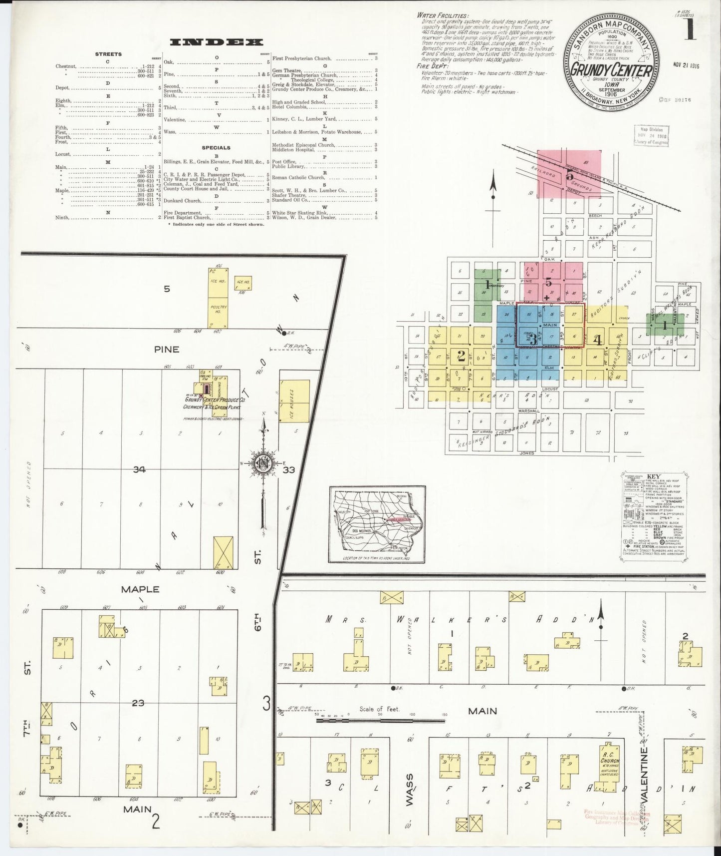 Sanborn Fire Insurance Map from Grundy Center, Grundy County, Iowa (1916), Sheet #0001 - Historic Sanborn Fire Insurance Map Print, vintage old map wall art