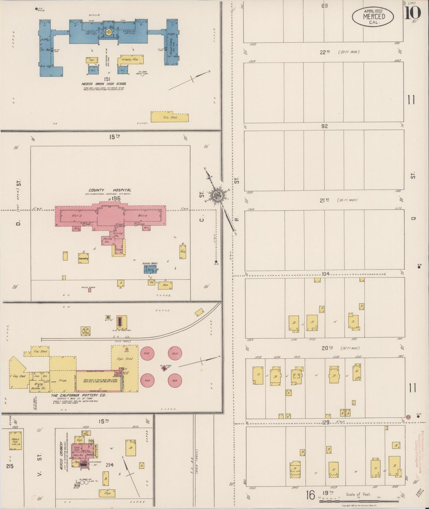Sanborn Fire Insurance Map from Merced, Merced County, California (1922), Sheet #0010 - Historic Sanborn Fire Insurance Map Print, vintage old map wall art, antique decor, genealogy gift, California California map