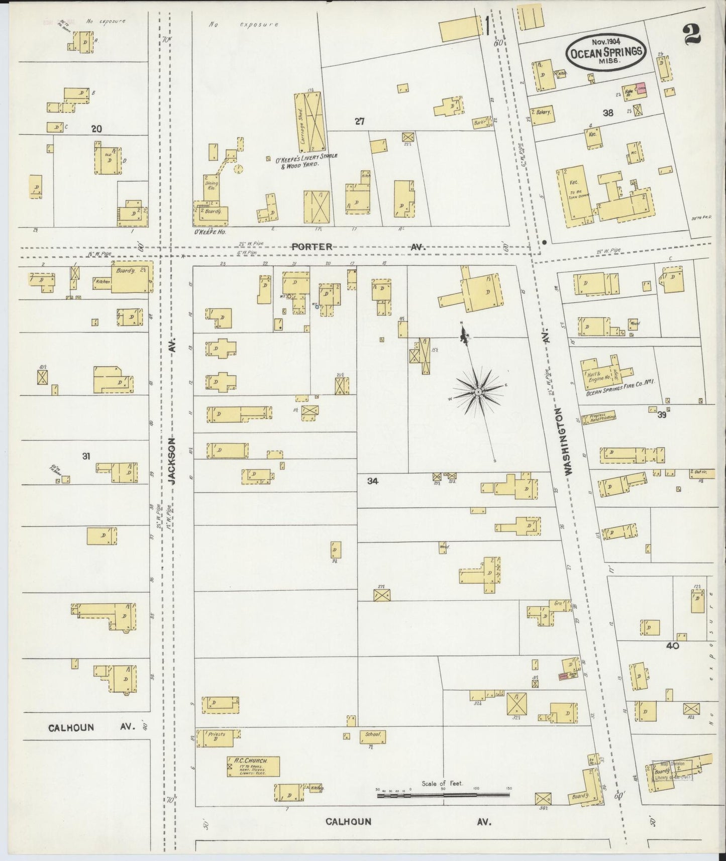 Sanborn Fire Insurance Map from Ocean Springs, Jackson County, Mississippi (1904), Sheet #0002 - Complete Map Set gallery image, historic Sanborn map, vintage wall art, Mississippi Mississippi