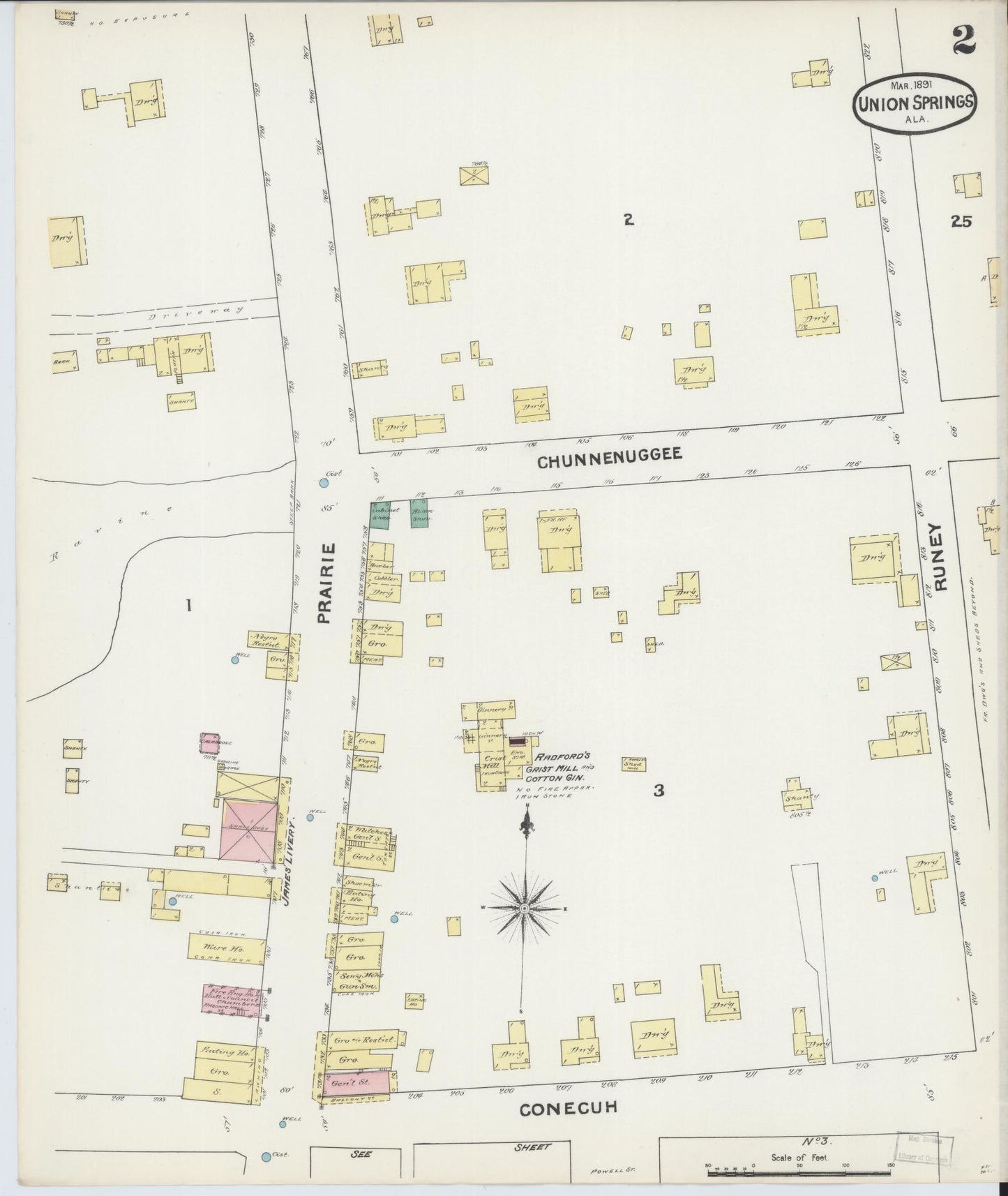 Sanborn Fire Insurance Map from Union Springs, Bullock County, Alabama (1891), Sheet #0002 - Historic Sanborn Fire Insurance Map Print, vintage old map wall art, antique decor, genealogy gift, Alabama Alabama map