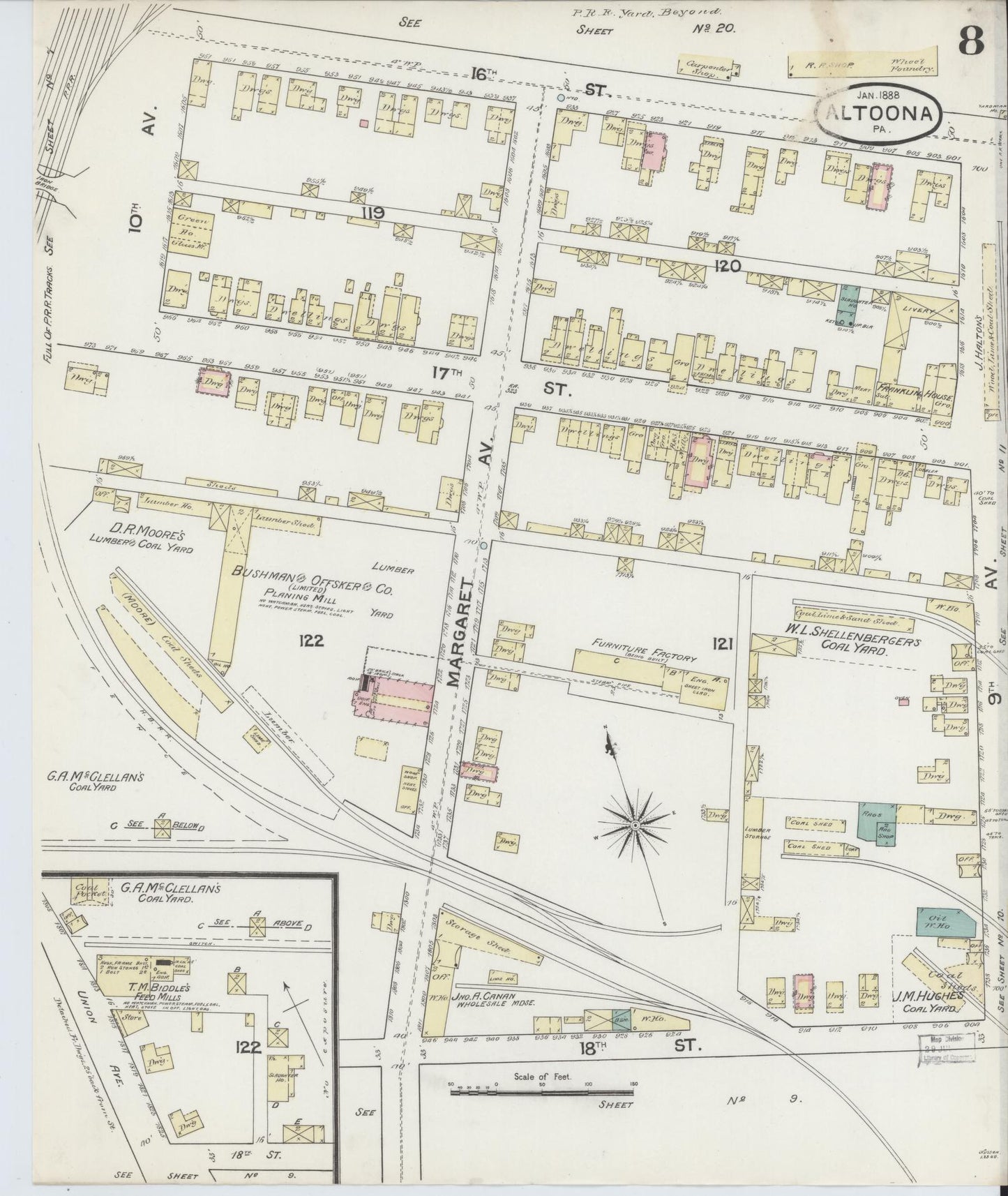 Sanborn Fire Insurance Map from Altoona, Blair County, Pennsylvania (1888), Sheet #0008 - Historic Sanborn Fire Insurance Map Print, vintage old map wall art, antique decor, genealogy gift, Pennsylvania Pennsylvania map